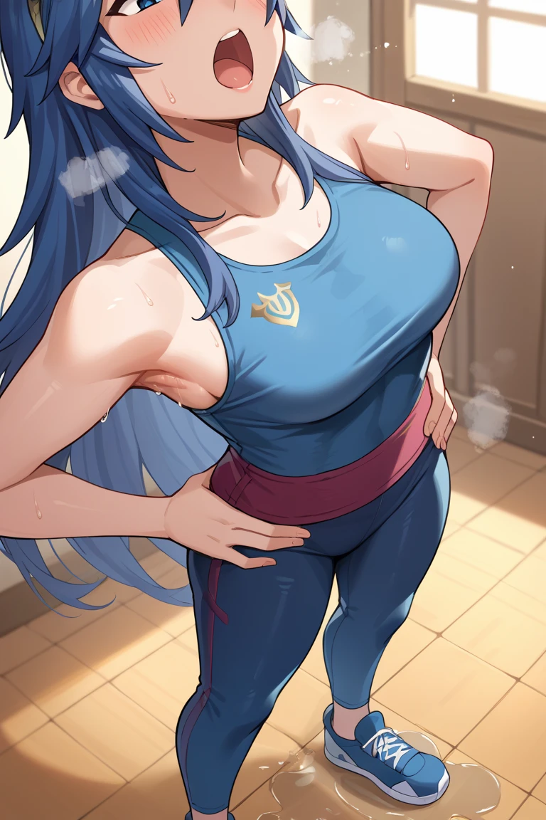 score_9, score_8_up, score_7_up, score_6_up, source_anime BREAK 1girl,  Lucina, dark blue tanktop, blue yoga pants, blue shoes, hands on hips, open mouth, out of breath, sweaty, sexy, exhuasted, steam coming out of her mouth, half body, puddle of sweat