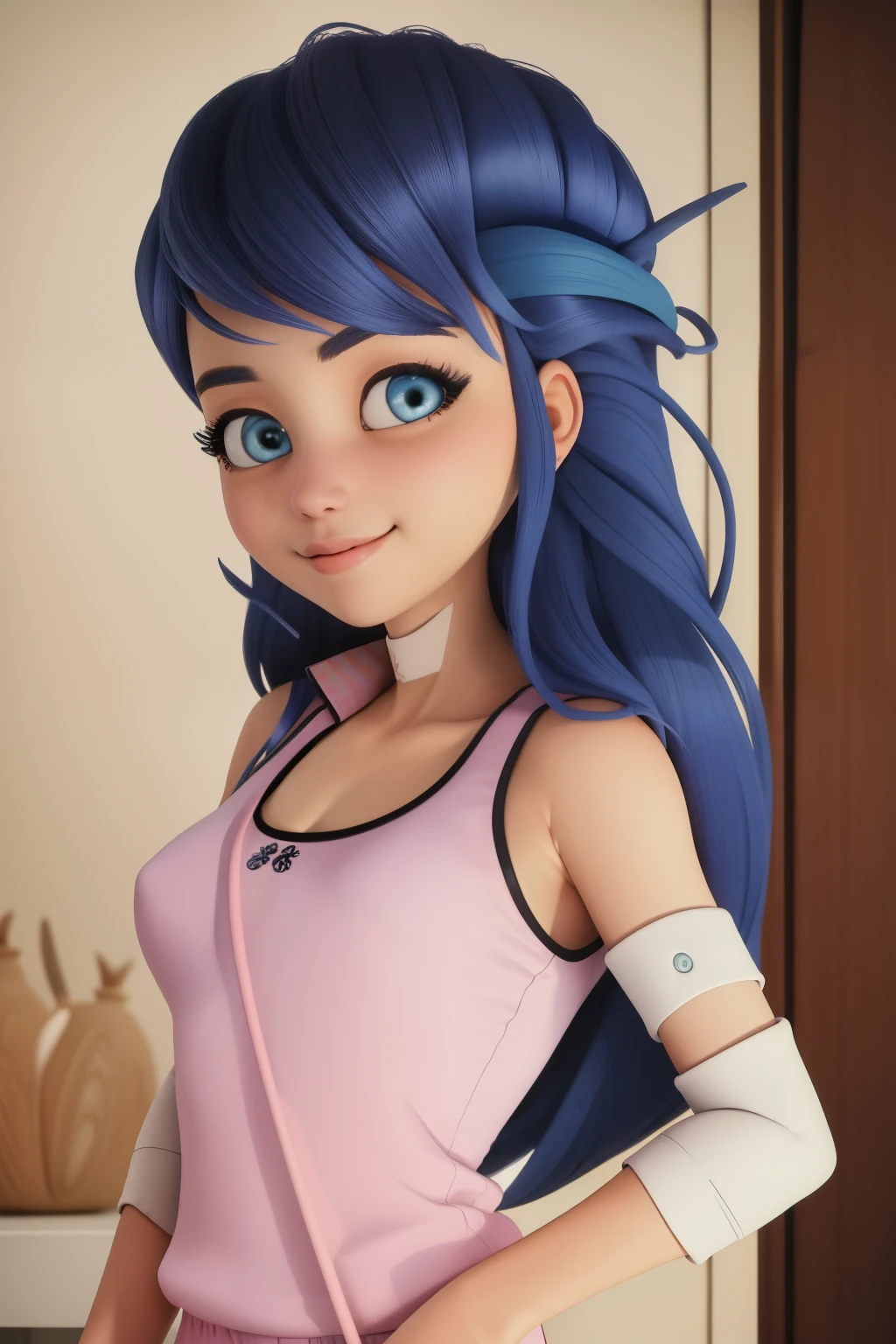 (8k, RAW photo, best quality, masterpiece:1.2), (intricate details), perfect eyes, perfect face, perfect lighting, beautiful, (masterpiece:1.2), (best quality:1.2), 1girl, solo, marinette, blue hair, long hair down, adult torso, , slight smile, medium sized breasts, white sleeveless shirt, pink sweatpants