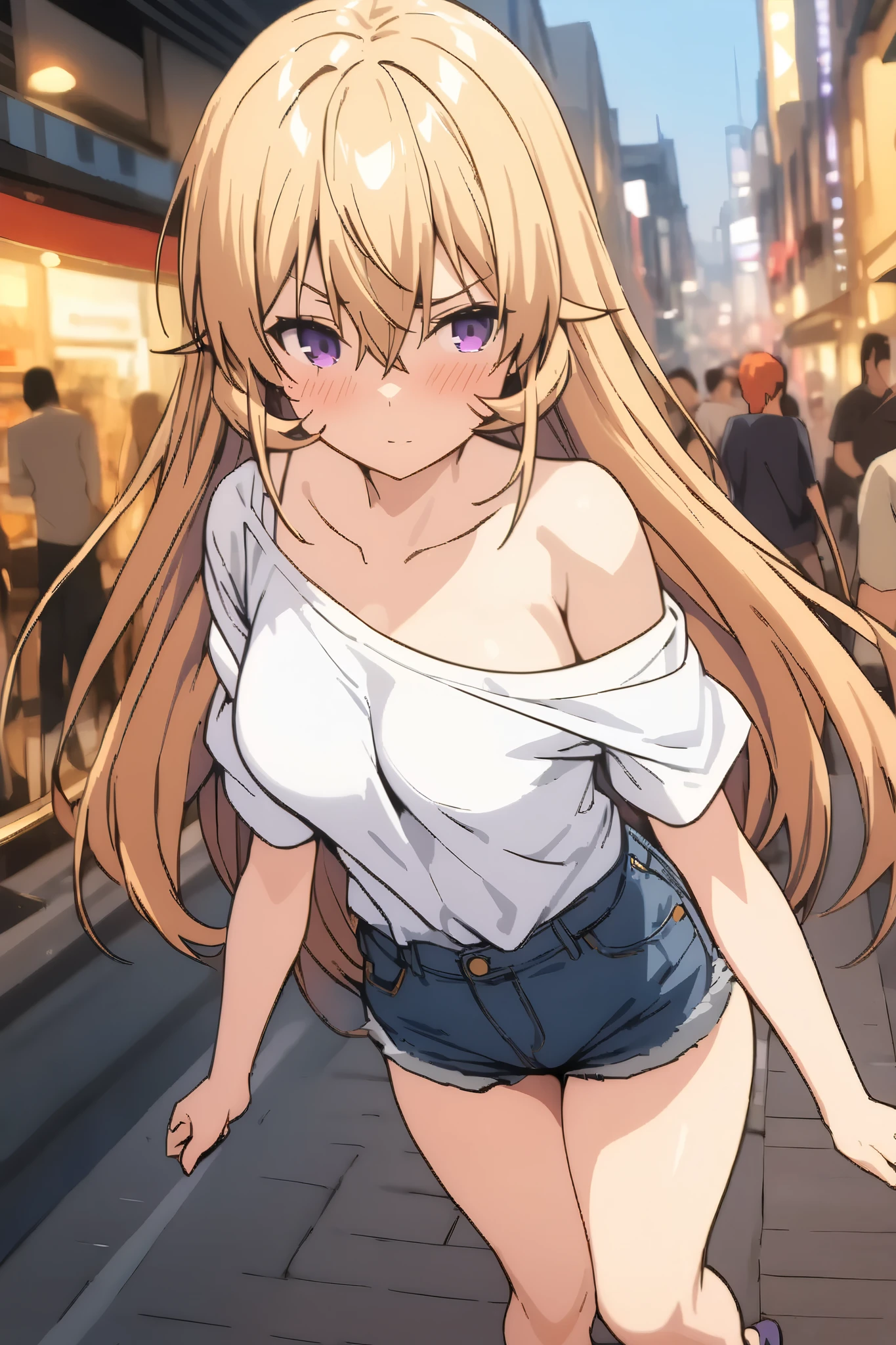 NSFW,masterpiece, top quality , high res, very detailed,Elina Nakiri 、 long hair、 orange hair、 purple eyes、 hair between eyes , off shoulder shirt, denim shorts,Sandals Heels ,bustling street,Date