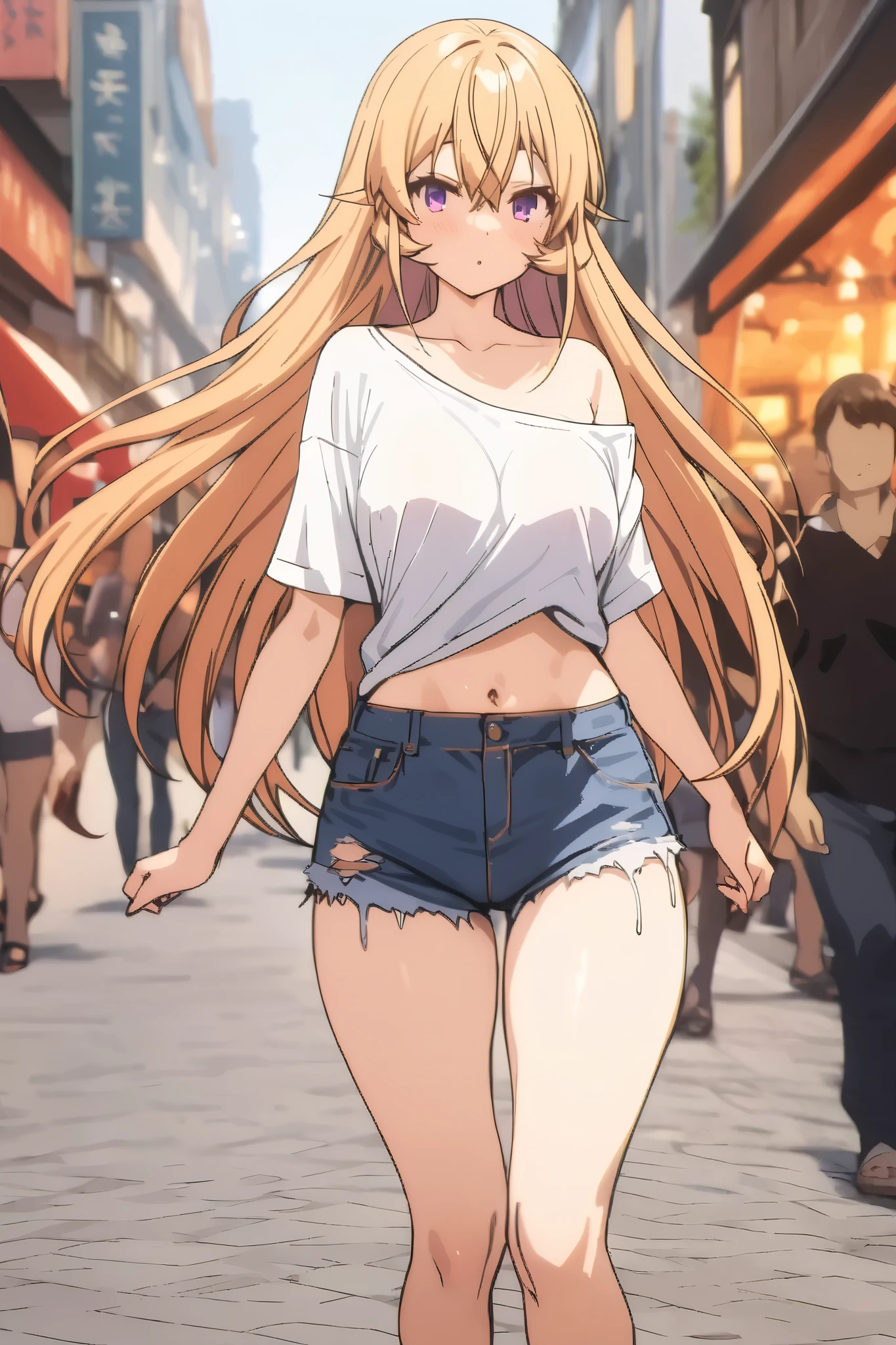 NSFW,masterpiece, top quality , high res, very detailed,Elina Nakiri 、 long hair、 orange hair、 purple eyes、 hair between eyes , off shoulder shirt, denim shorts,Sandals Heels ,bustling street,Date