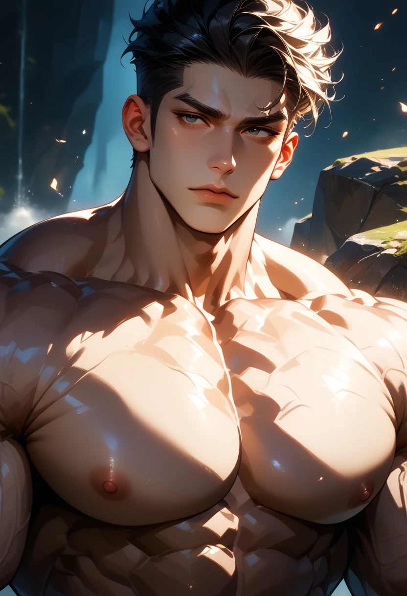 Abandoned Cave: Novel style, unparalleled, mystery, Unique, unique location, closure, horizontal view , 1boy adult male, (naked:1.2) Rough adult face, Solitary, Male focus, Looking at the audience, Upper Body, (Shirtless), Strong muscles,