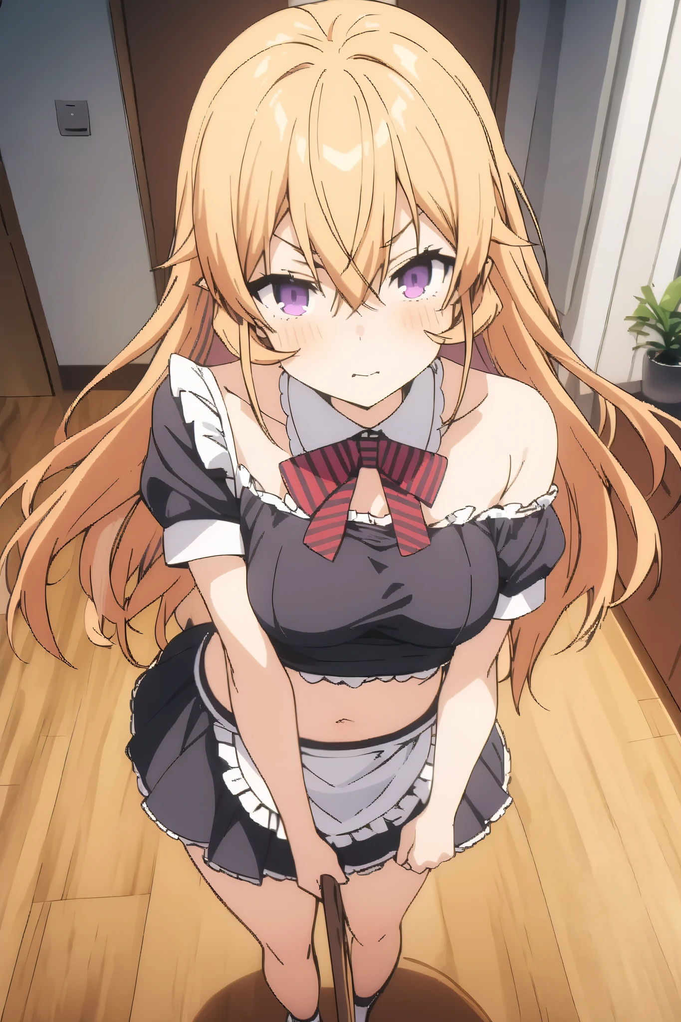 NSFW,masterpiece, top quality , high res, very detailed,Elina Nakiri 、 long hair、 orange hair、 purple eyes、 hair between eyes , maid clothes, Off Shoulder, crop top, micro mini skirt,Mansion,Office,broom