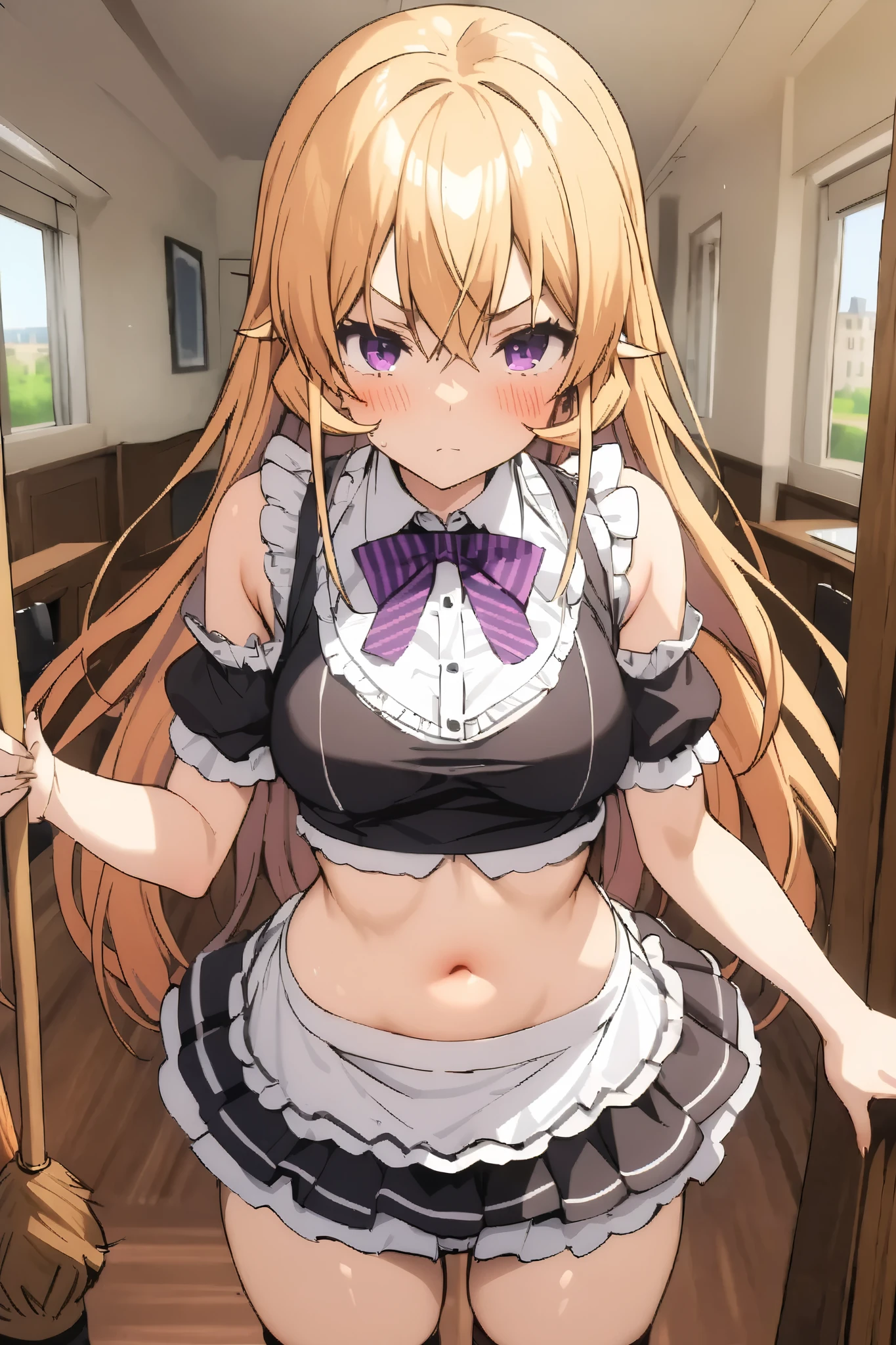 NSFW,masterpiece, top quality , high res, very detailed,Elina Nakiri 、 long hair、 orange hair、 purple eyes、 hair between eyes , maid clothes, Off Shoulder, crop top, micro mini skirt,Mansion,Office,broom