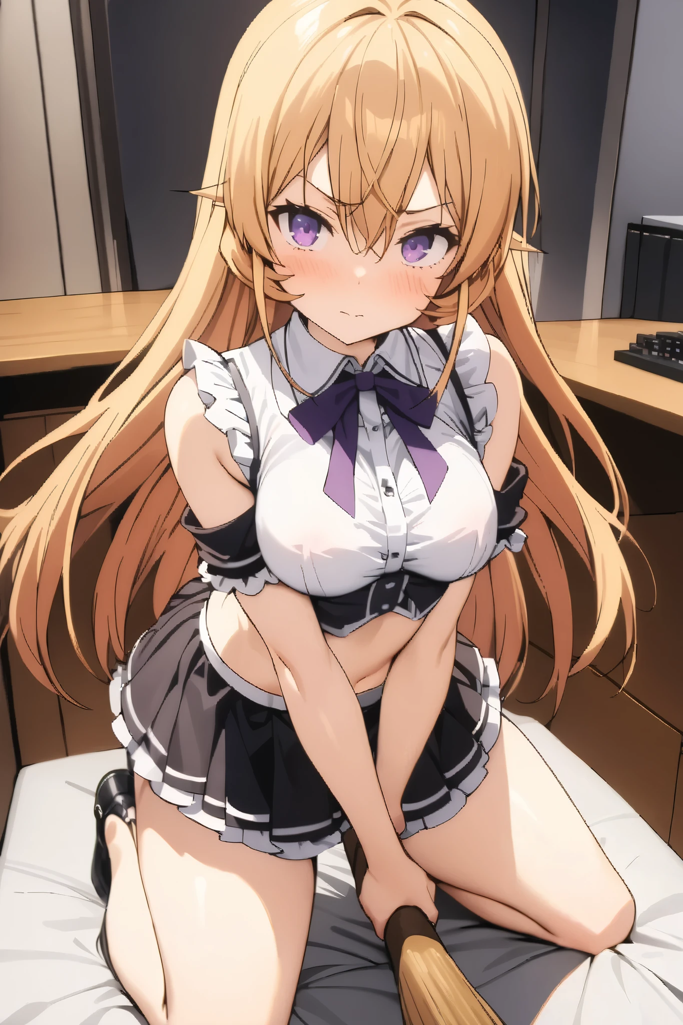 NSFW,masterpiece, top quality , high res, very detailed,Elina Nakiri 、 long hair、 orange hair、 purple eyes、 hair between eyes , maid clothes, Off Shoulder, crop top, micro mini skirt,Mansion,Office,broom