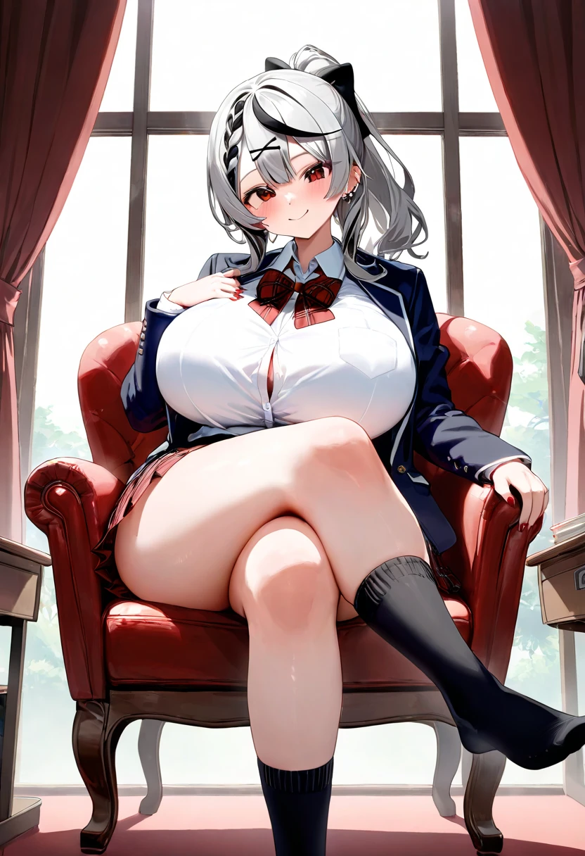 1girl,solo,short hair,wave hair,hair over eyes,huge breasts, Whipped thighs,in doors,high school,high school costume,masterpiece