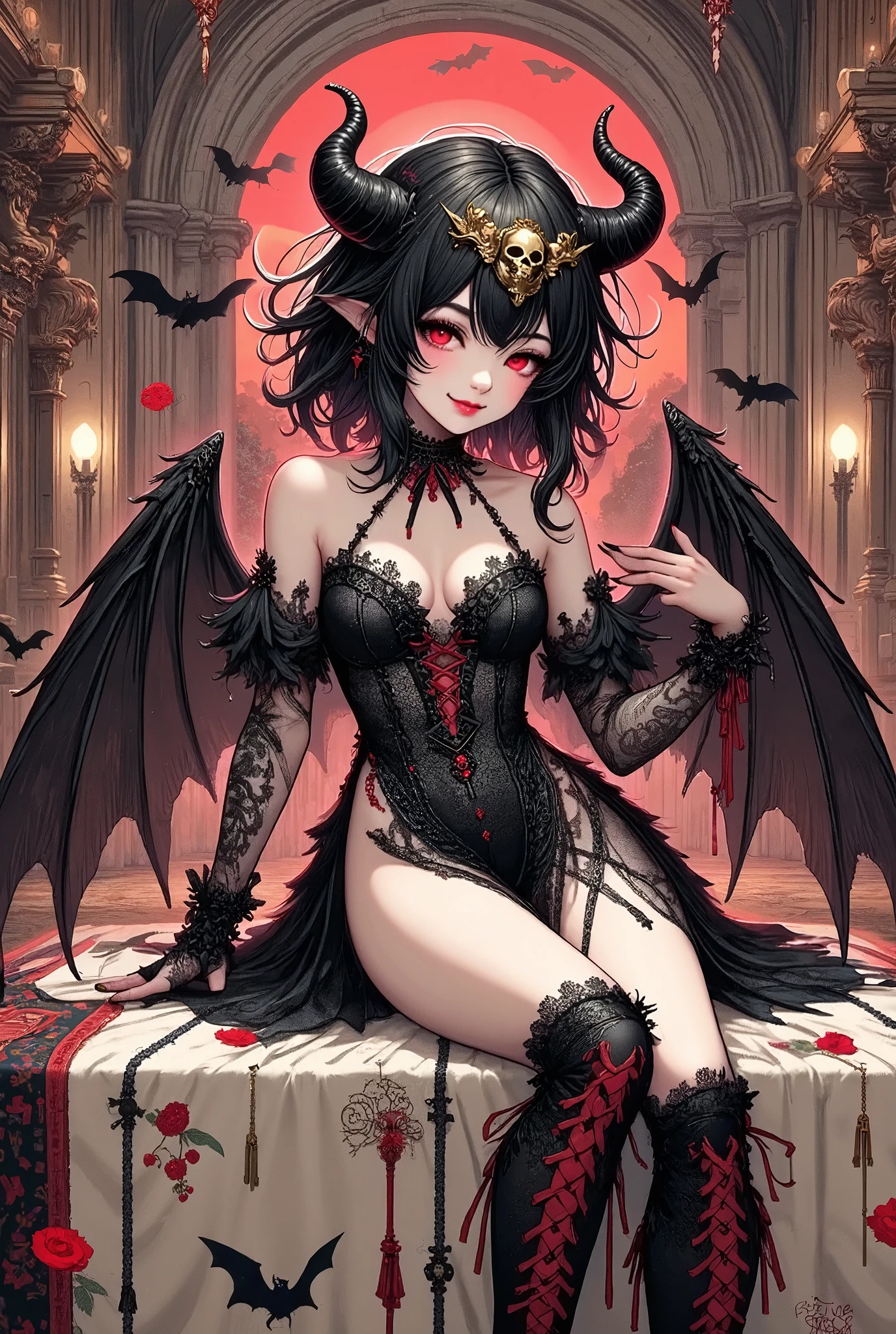 (Ultra-detailed face, Looking away, Fantasy Illustration with Gothic. Dark tone colors.), BREAK (Great hall of Dracula's castle in Transylvania with the red moon rising. Bats flit about. A young succubus lies in a daring pose on an opulent carpet on the floor of the hall. Her glossy hair is combed with her fingertips, and she smiles sexily.), BREAK (The succubus of the army of the abyss has jet black hair and eyebrows, blunt bangs, messy hair to the ground, red glowing eyes with yellow stars, small pink lips, pale skin, and dark, thick eyeliner.), BREAK (The Succubus of the Army of the Abyss wears a tiara with a skull motif and a black leather chukar. She wears a high-leg bodysuit of lace fabric made of raven feathers and embroidered with red thread, and stocking boots with braided red laces. On her back she has a pair of large raven-like wings.)