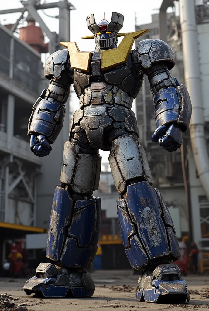 A very realistic version of the Mazinger Z with the whole body remodeled ,It stands in a strong position at a height of 58 meters .  constructed with modern materials such as steel ,  Carbon Fiber ,  other industrial elements are also visible ,  just like the real thing , Rugged exterior .  Visible welds are beautifully applied to its surface , bolt, Beautiful and realistic texture ,  showing signs of wear . . Iconic features such as the chest plate and head issued by high voltage currents have been carefully reproduced.  set in a modern industrial environment ,  the appearance of Mazinger Z standing around ,  illuminated by natural light 、 huge structures highlighted with realistic shadows .