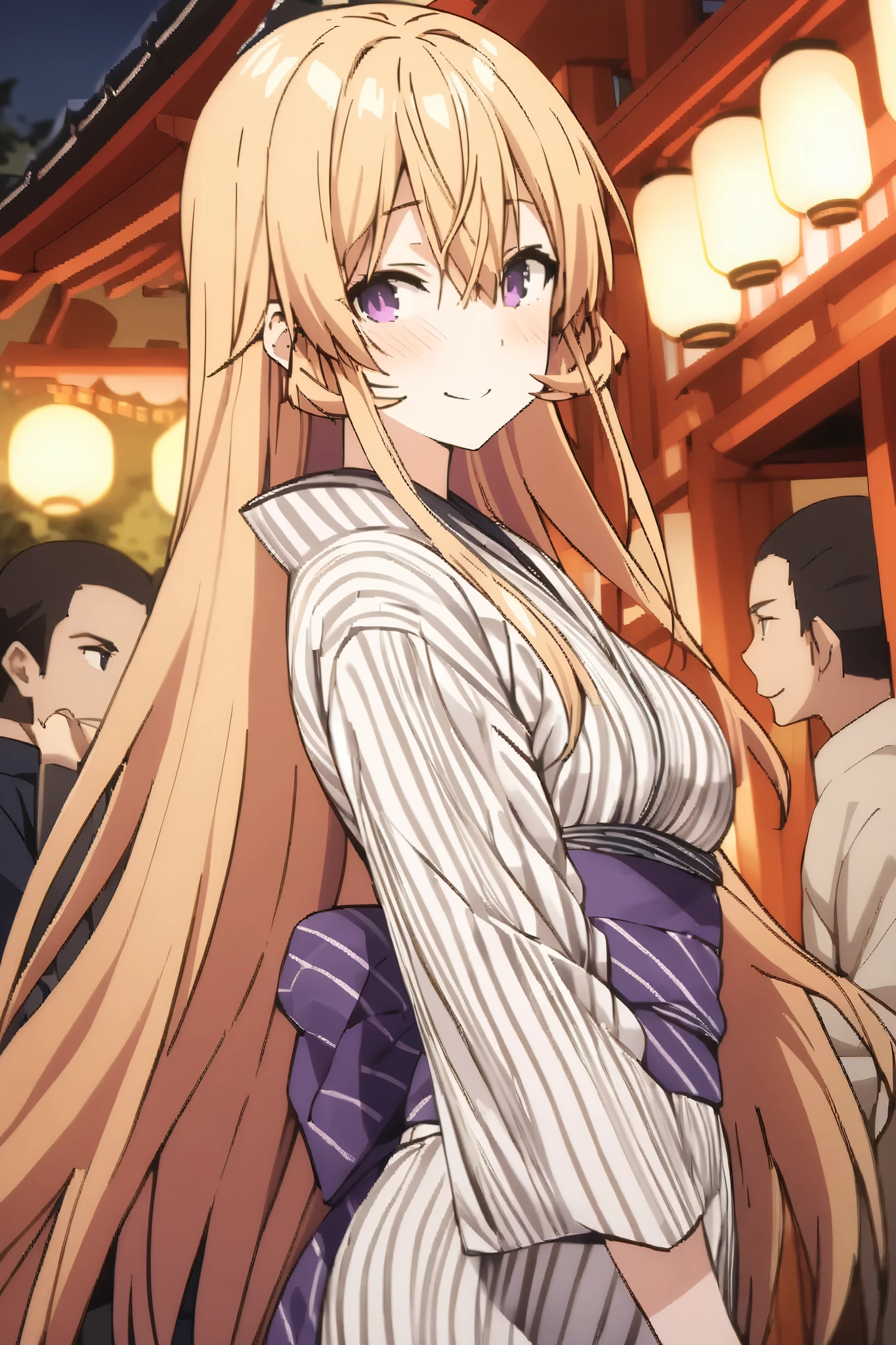 NSFW,masterpiece, top quality , high res, very detailed,Elina Nakiri 、 long hair、 orange hair、 purple eyes、 hair between eyes , kimono,yukata,shrine,Festivals,Opening a store,Lantern, happy smiles 