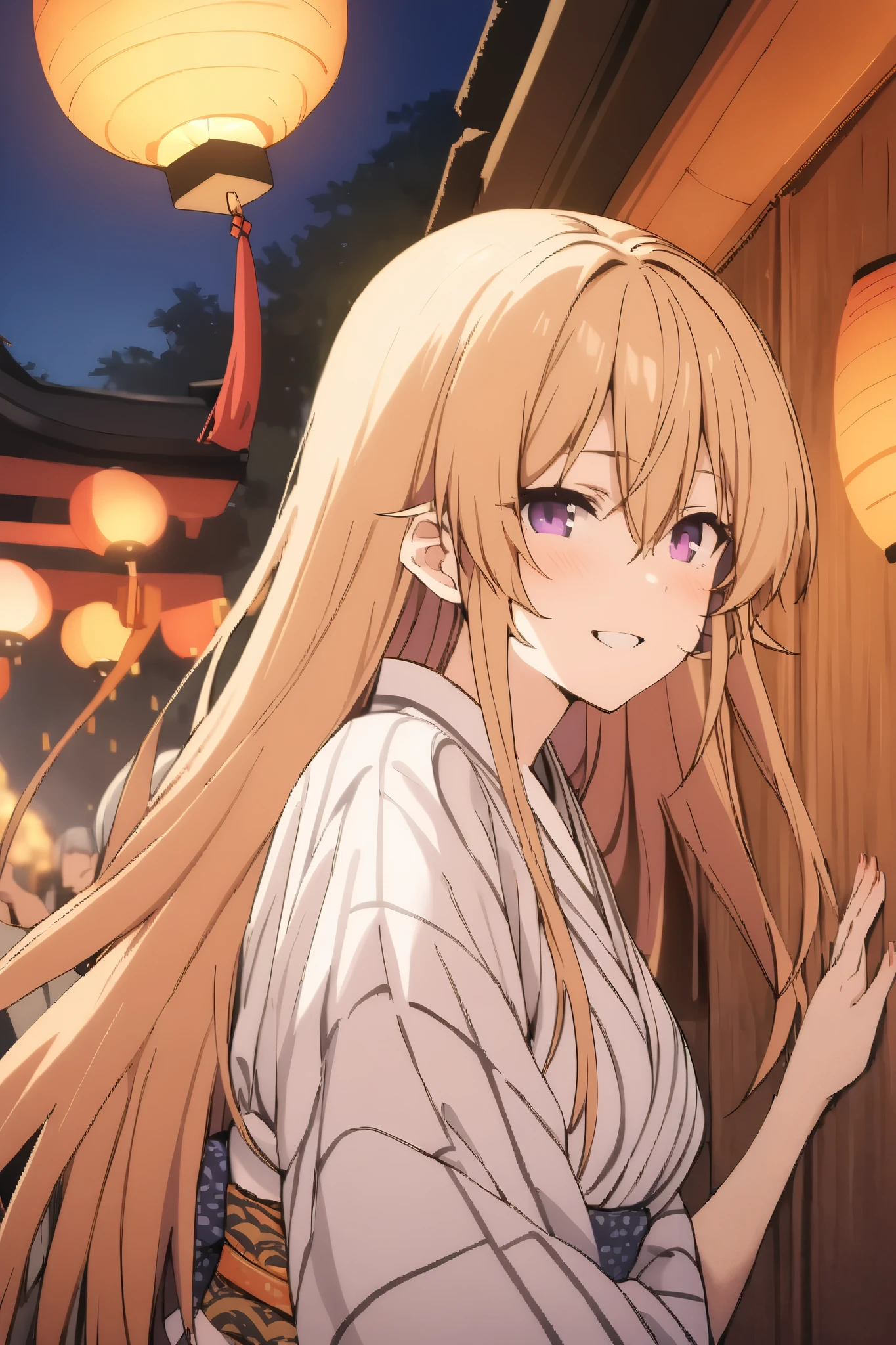 NSFW,masterpiece, top quality , high res, very detailed,Elina Nakiri 、 long hair、 orange hair、 purple eyes、 hair between eyes , kimono,yukata,shrine,Festivals,Opening a store,Lantern, happy smiles 