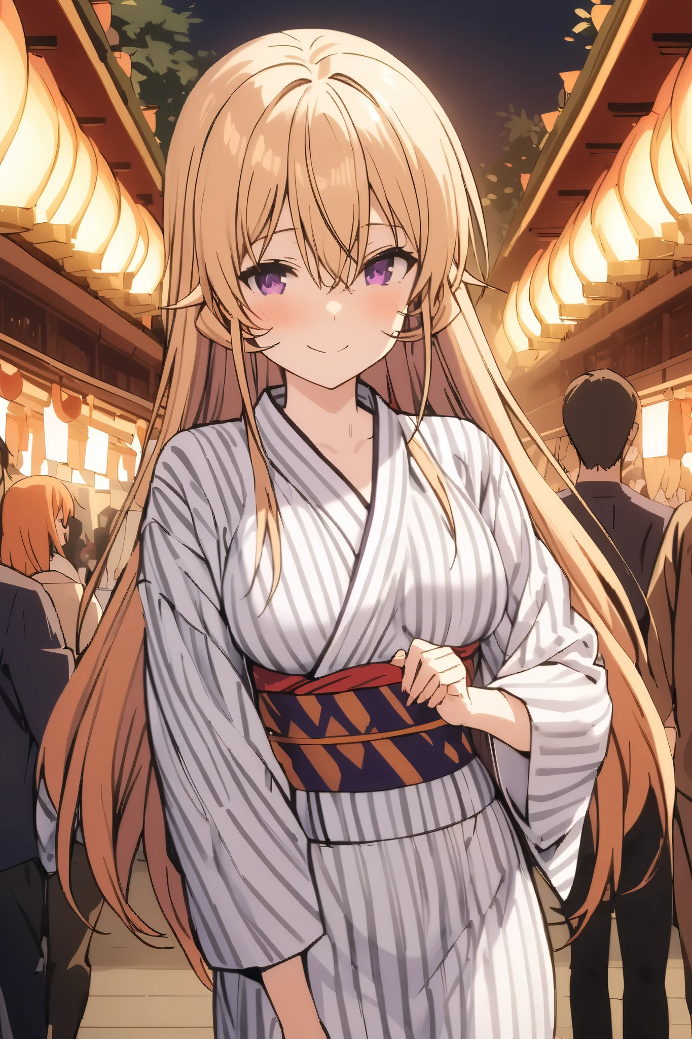 NSFW,masterpiece, top quality , high res, very detailed,Elina Nakiri 、 long hair、 orange hair、 purple eyes、 hair between eyes , kimono,yukata,shrine,Festivals,Opening a store,Lantern, happy smiles 