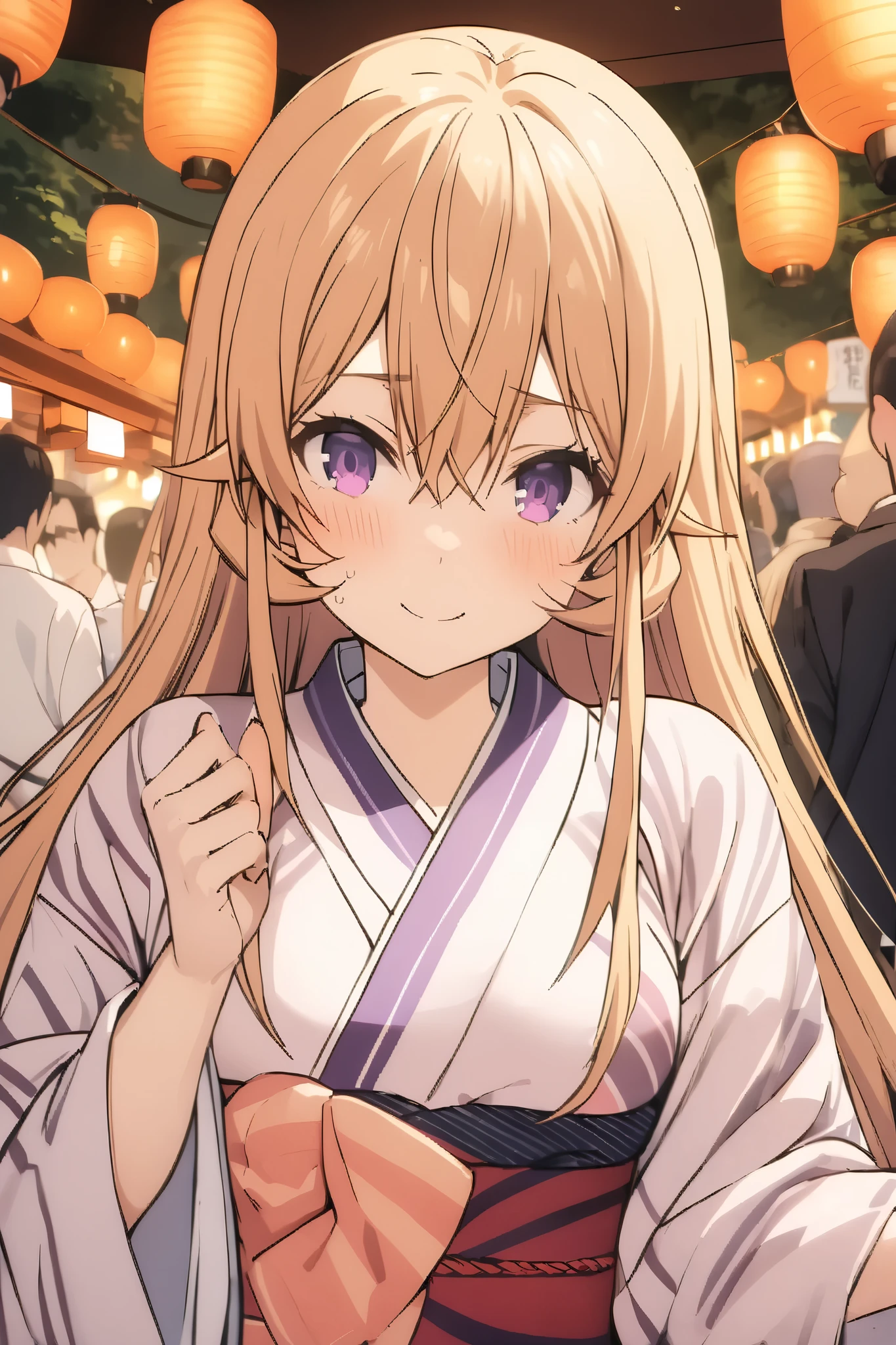 NSFW,masterpiece, top quality , high res, very detailed,Elina Nakiri 、 long hair、 orange hair、 purple eyes、 hair between eyes , kimono,yukata,shrine,Festivals,Opening a store,Lantern, happy smiles 