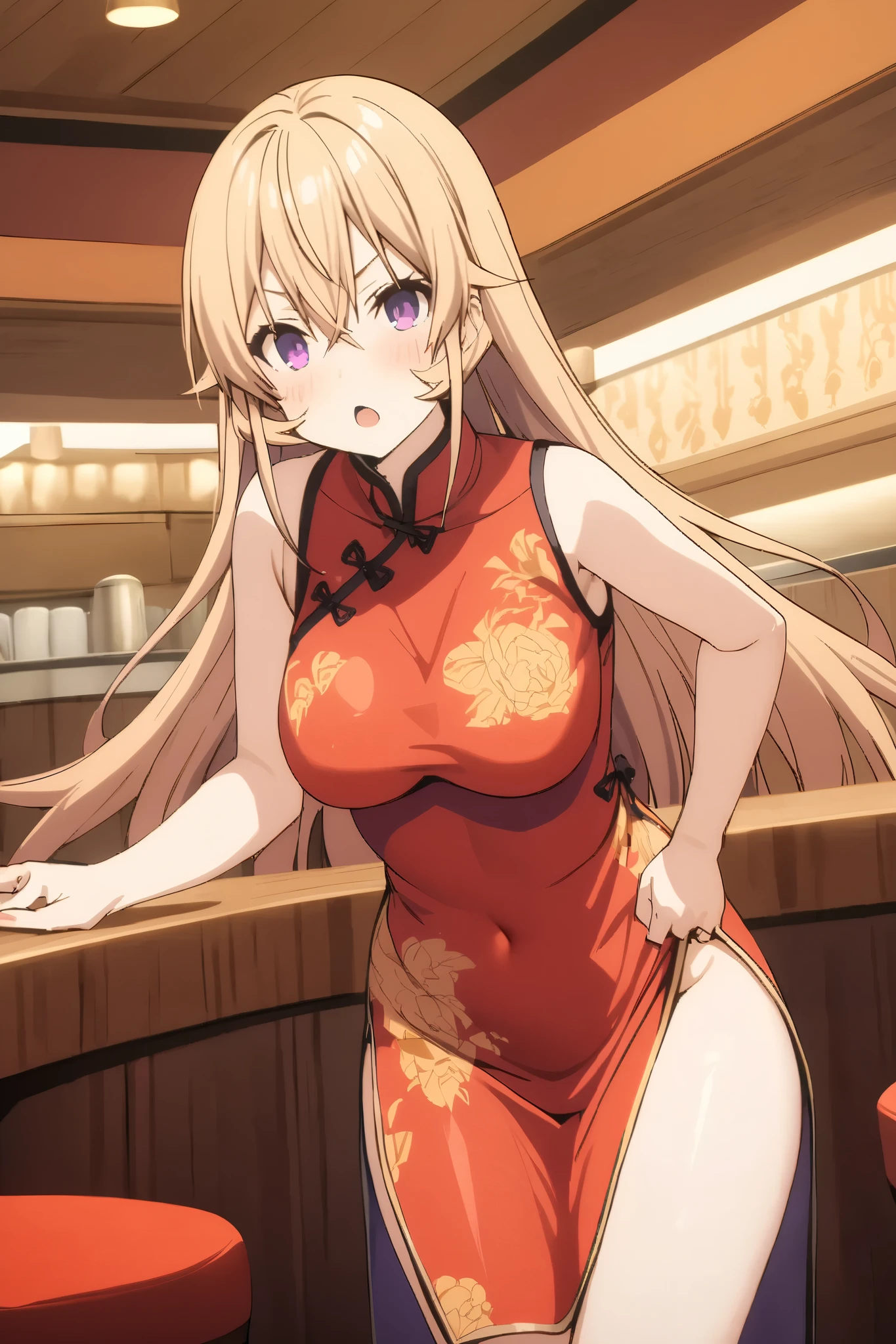 NSFW,masterpiece, top quality , high res, very detailed,Elina Nakiri 、 long hair、 orange hair、 purple eyes、 hair between eyes , China Dress,restaurant