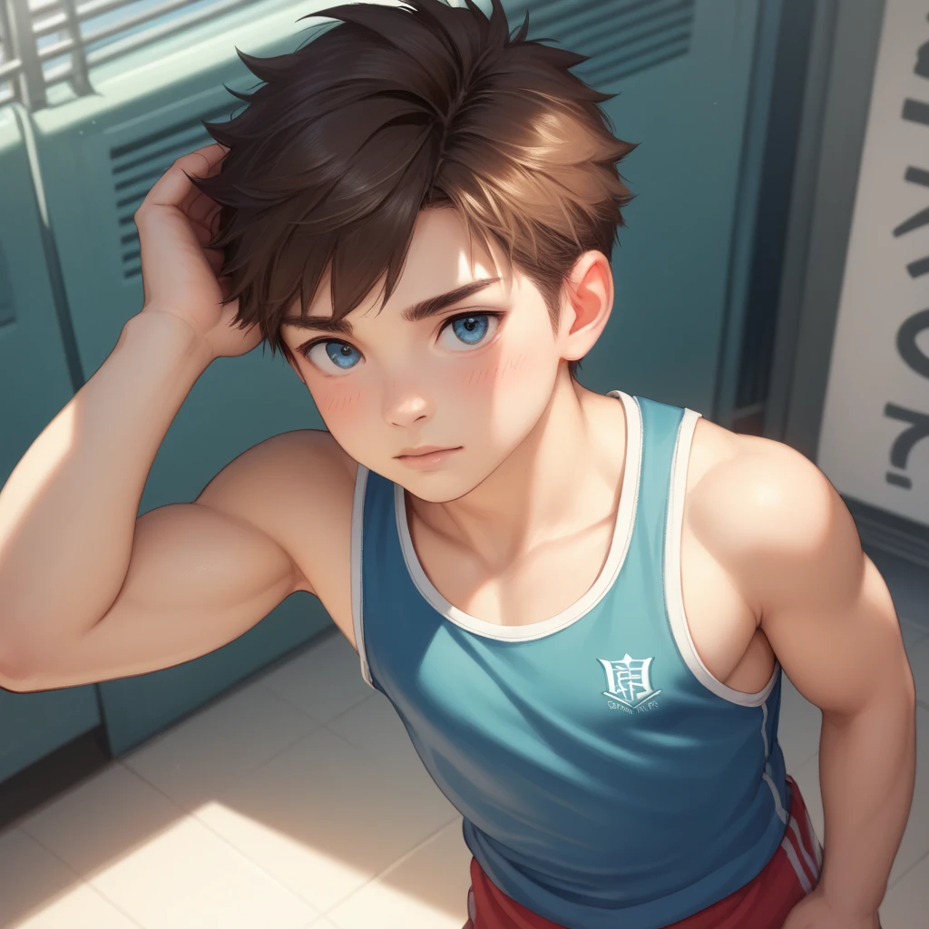 a handsome young boy yr and with a handsome young boy 11,blush,messy short hair,blond hair and brown hair,from above up,in public school class,kiid face,wearing clothes and singlet,fullbody,hd,4k,8k,dynamics lighting,perfect lighting,realistic