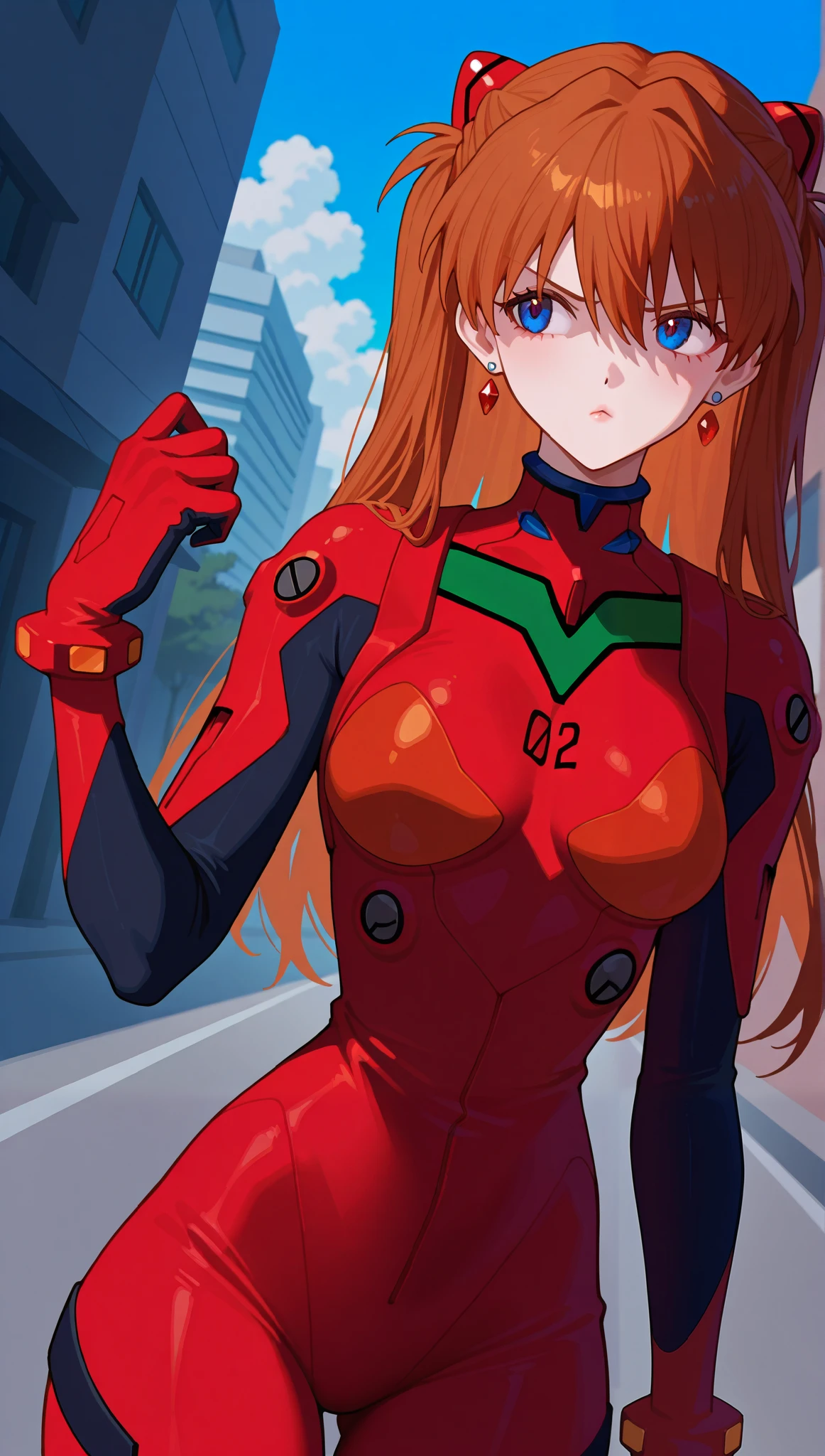 (masterpiece), (portrait), medium breasts (aesthetics), ((1 female 21 years old)), Highlight earrings), ((long hair)), ((Hot crystal brown hair)), ((Asuka Soryu Langley)) straight hair, thin eyes open, cold look, blue eyes, cute, naughty, angry, pouting, lane, woman, feminine, beautiful, female features, top, high quality, aesthetic clothing, professional angle, (rule of thirds), (feminine), , (beautiful) , (female), solo, (Korean attractive), summer, (ink haze), (afternoon), (vibrant light), seductive posture, ((face looking forward))), Asuka Soryu Langley, Bonded armor, futuristic jumpsuit, red with black details, battle uniform, sensual ((Energy)), (Bold Makeup), (medium Breasts), Fair Skin, (Clothes with Hip Hop Details), (a hot Asuka Soryu Langley, sculptural body, sexy pose), (Sleep Neckline), Beautiful Hands, Body beautiful, beautiful ears, beautiful eyes, bright eyes, beautiful mouth, beautiful lips, on the street, buildings