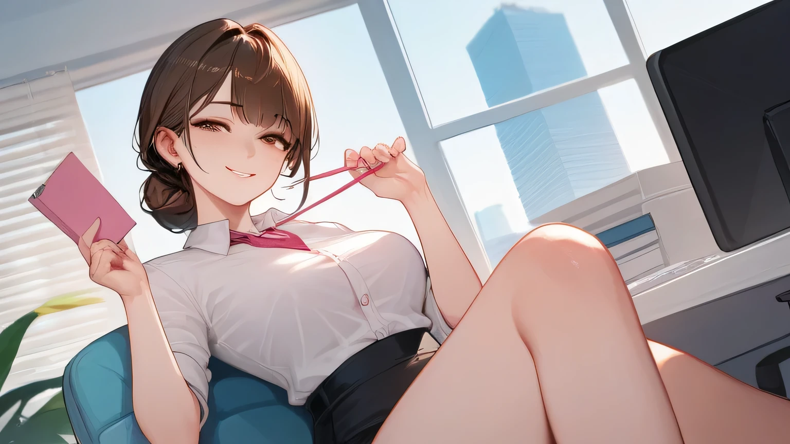  anime style ,  high quality, 4K, perfect detail,  Korean, Look at me from the front ,  seductive smile,  sitting in the office ,  dressed in pink lace,  short dress,  hair tied ,  brown hair