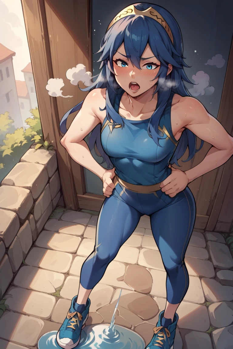 score_9, score_8_up, score_7_up, score_6_up, source_anime BREAK 1girl,  Lucina, dark blue tanktop, blue yoga pants, blue shoes, hands on hips, open mouth, out of breath, sweaty, sexy, exhuasted, steam coming out of her mouth, full body, puddle of sweat