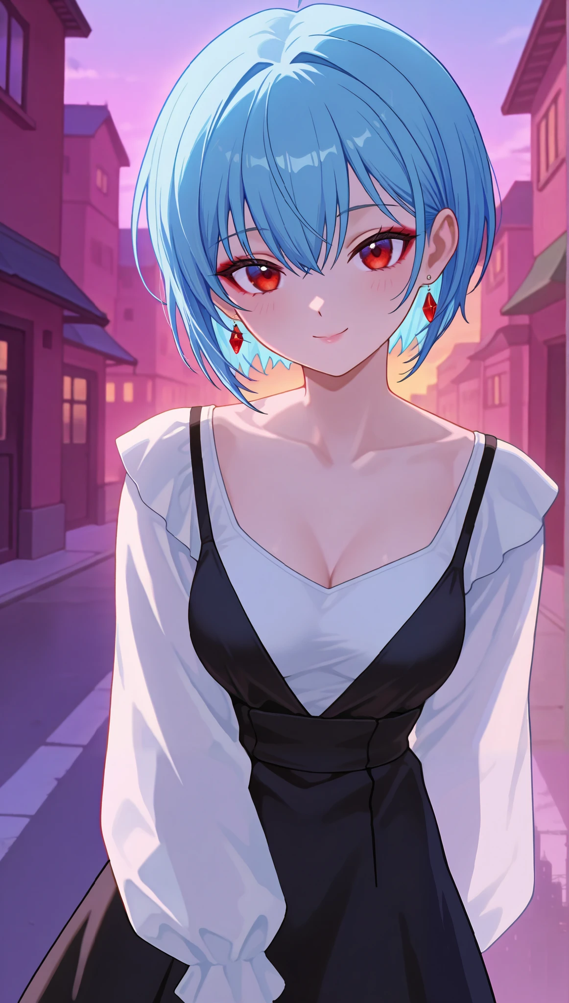 (masterpiece), (portrait), medium breasts (aesthetics), ((1 female 21 years old)), Highlight earrings), ((short hair, Accessory in hair,)), ((Hot crystal Sky blue hair)), ((Rei Ayanami)) straight hair, thin eyes open, cold look, red eyes, cute, naughty, mischievous smile, lane, woman, feminine, beautiful, female features, top, high quality, aesthetic clothing, professional angle, (rule of thirds), (feminine), , (beautiful) , (female), solo, (Korean attractive), summer, (ink haze), (afternoon), (vibrant light), seductive posture, ((face looking forward))), Rei Ayanami, black dress, thin strap, white blouse with sleeves underneath, on the street, buildings, mischievous smile, sensual ((Energy)), (Bold Makeup), (medium Breasts), Fair Skin, (Clothes with Hip Hop Details), (a hot Rei Ayanami, sculptural body, sexy pose), (Sleep Neckline), Beautiful Hands, Body beautiful, beautiful ears, beautiful eyes, bright eyes, beautiful mouth, beautiful lips, on the street, buildings