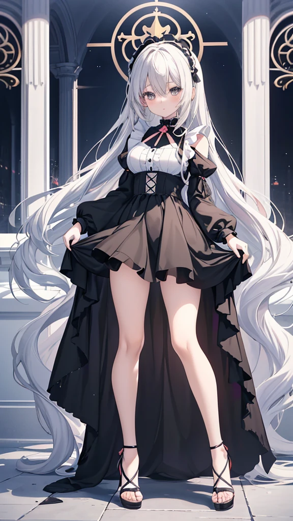 (masterpiece, best quality:1.4), solo focus, (full body:1.2), (medium breasts:1.2), very long hair, (black thighhighs:1.3), (silver hair:1.4), high heels, perfect anatomy, microskirt, fox ears, open shirt,