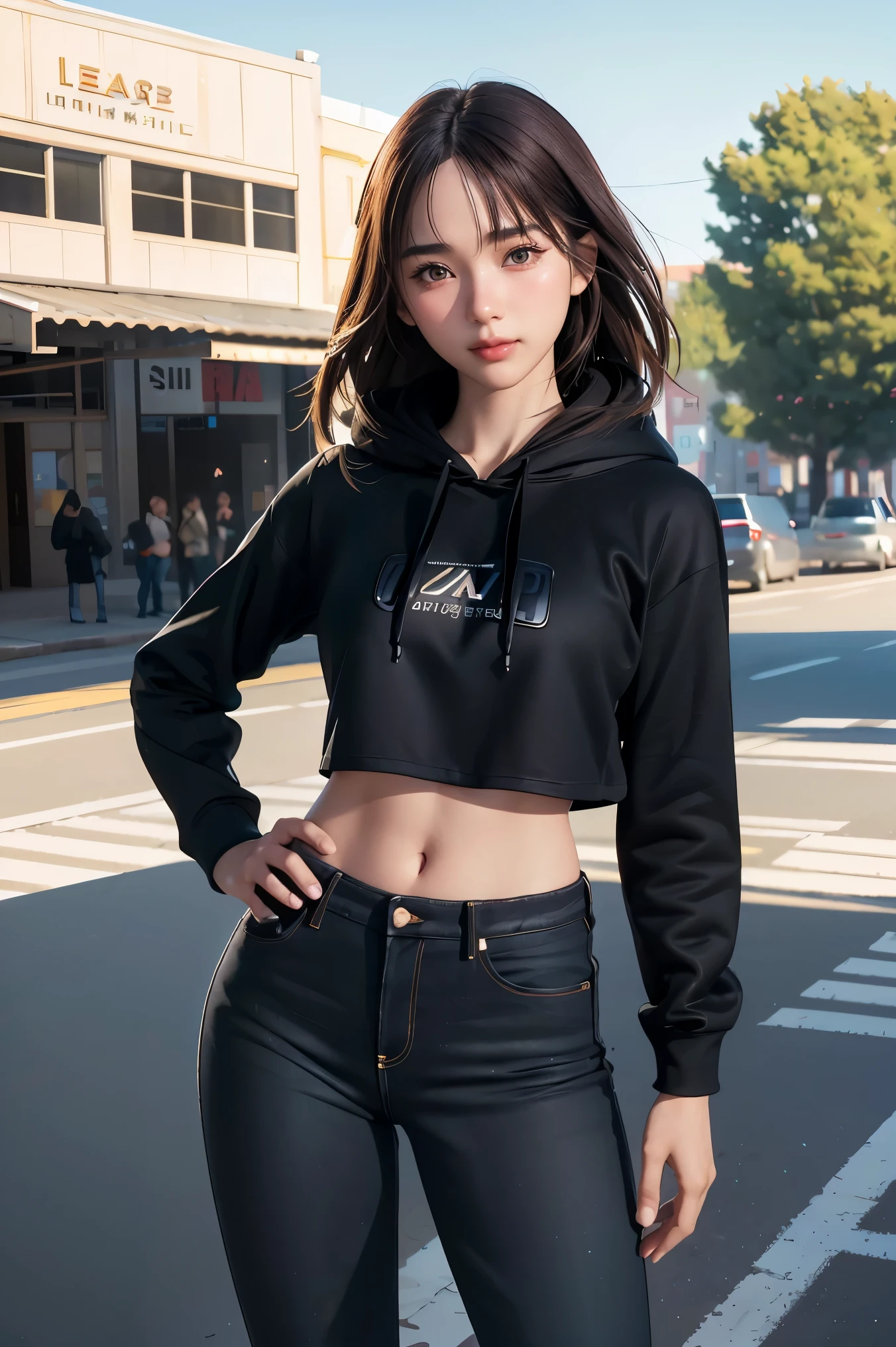 woman, urban, streets, (day:1.1), RAW,(8k, best quality, masterpiece:1.2),(intricate details:1.4),(photorealistic:1.4),octane render, complex 3d render ultra detailed, studio soft light, rim light, vibrant details, ultra detailed, realistic skin texture, detailed face, beautiful detailed eyes, extremely detailed CG unity 8k wallpaper, makeup, (detailed background:1.2), (cowboy shot:1.2),(hip),(perfect anatomy:1.2),(black hoodie, long jeans:1.2), 
