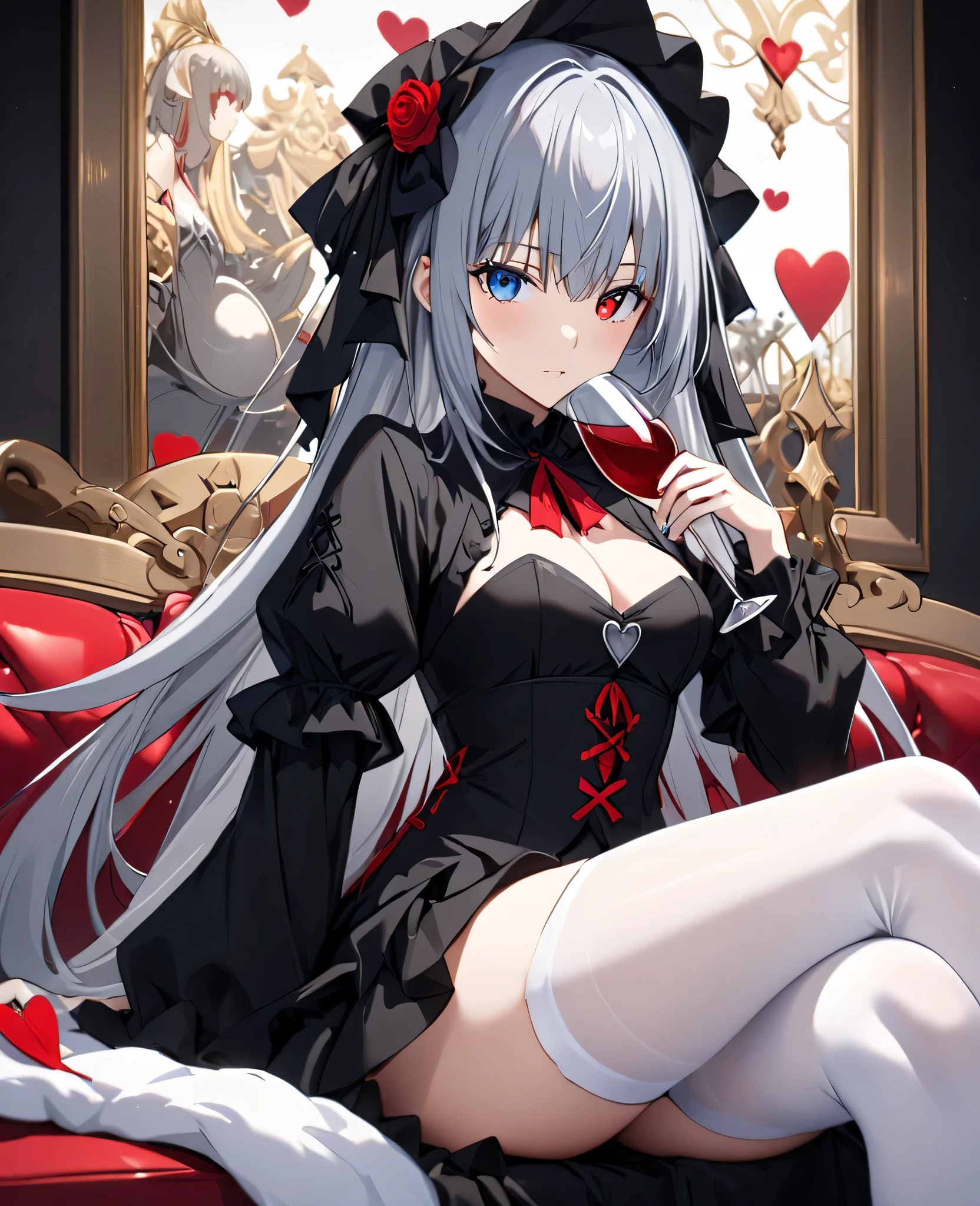  high definition ,  masterpieces , precise,  Best Quality ,  High Profile , โมเดล high definition ,  Background Converter, sofa,  Gothic Dress from TenSura Series - Tensei Shitara Slime Datta Ken, Luminous Valentine, Long hair, Gray hair, (  blue eyes:1.2),  red-eyed( red-eyed:1.2), Black pupil,  redhead,  medium chest,  Set Made,  White Stockings , Holding a glass of wine, Sit cross-legged