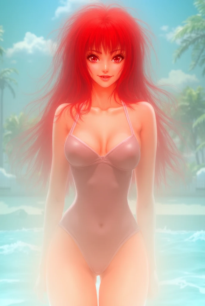 Garota anime ruiva com ears fix e vestindo kimono vermelho, 16 anos, corpo bonito, seios grandes, with hands behind head, running your hands through your hair, Garota sexy, red short hair with braid, mechas de cabelo laterais, mechas de cabelo na lateral do rosto, beautiful lighting, sombras suaves, olhos azuis, pernas bonitas, short hair with braid, estilo anime, Ranma Chan, Autora Rumiko Takahashi, Baseado em obra de Rumiko Takahashi, Anime Ranma 1/ 2, decote sexy, quadril robusto, corpo inteiro, corpo inteiro, busto grande, garota jovem com orelhas de raposa, corpo belo e bonito, sandals on his feet, garota 16 anos jovem baixa estatura, usando kimono vermelho, garota anime, estilo anime, beautiful feet in sandals, front view angle, ao ar livre, red hair braid, ears fox, postura ereta, olhos grandes, quimono red