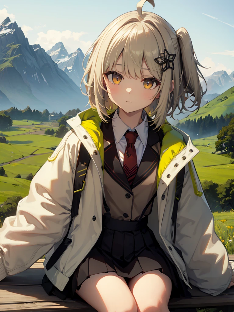 (One middle school girl)、scene_ Arknights、 , hair_ Ornaments , short_hair、 side ponytail 、yellow_eye,ahoge、red_ ties, brown_vest、collared_ shirt, Food, Food_Down, Fooded_ jacket,  jacket,  shirt, white_ shirt, open_Clothes, open_ jacket、8k、 top quality , masterpiece,  high res, UHD、Alone, super detail、 Perfect Anatomy、detailed face、( Black Mini Skirt)、Mountain background、grassland、bench、(sit)