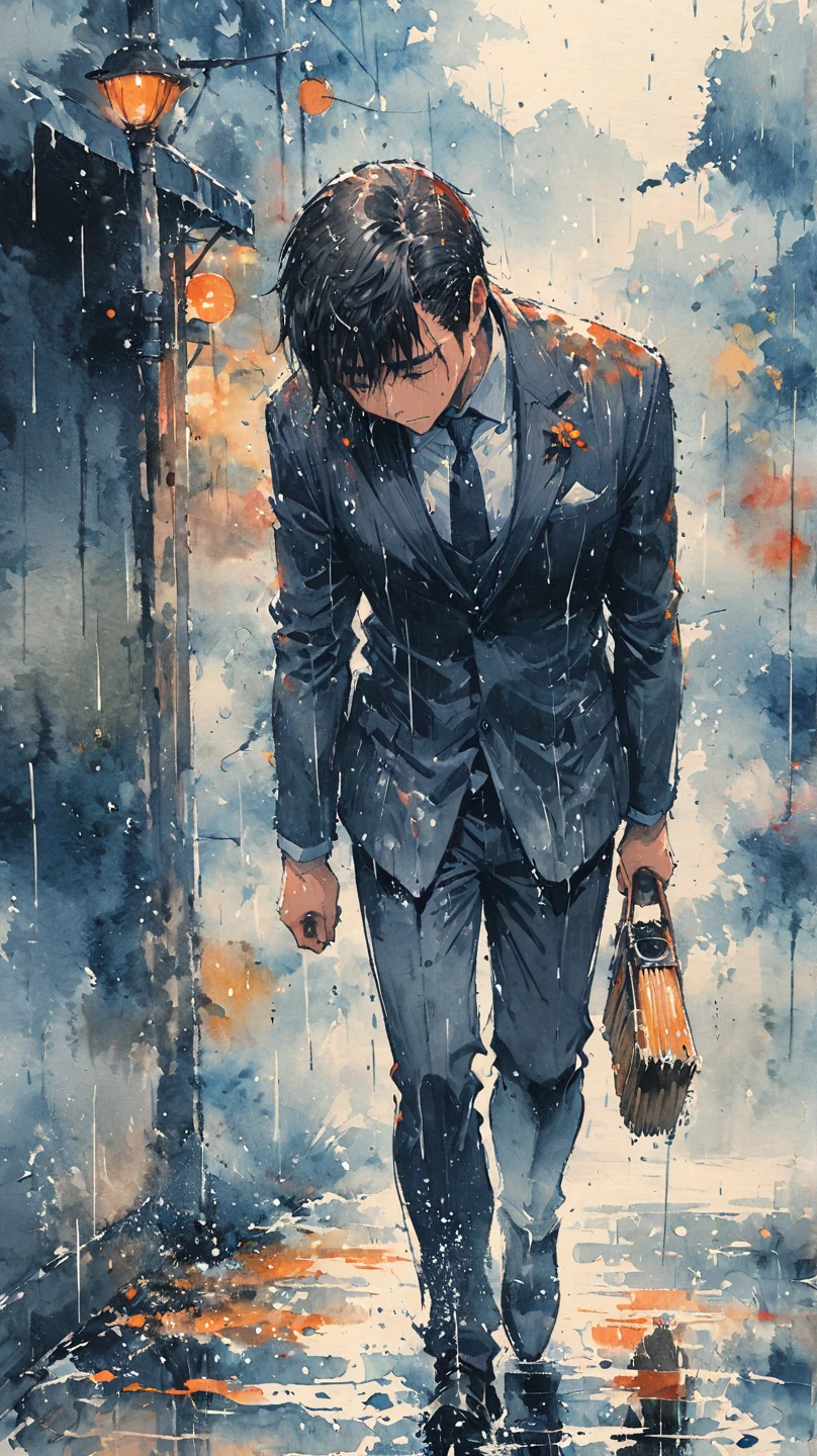 watercolor painting of a man in suit in the rain. full body shot of the man who is soaked under the rain. he tilts his head up to face the rain, the rainwater flows down his face. he is walking in the street, holding his hands out to feel the rain. watercolor brushes stroke painting style. the sky is dark.
