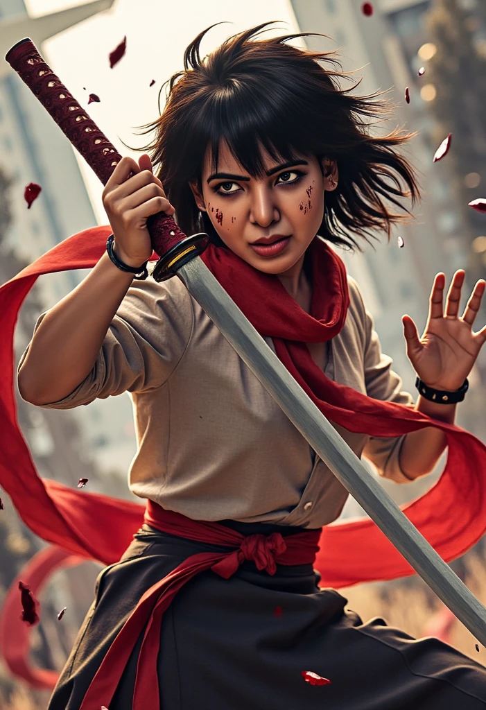 short hair , red scarf , wearing shirt and pant , readying to fight in a battle with sword against monsters with small sword , and had some blood and cuts on her , messy hair , raging eyes , with katana , angry face 