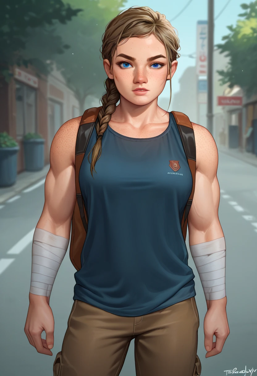 score_9,score_8_up,score_7_up BREAK abbySDXL,1girl,solo,long hair,looking at viewer,blue eyes,dark blonde hair,shirt,braid,pants,backpack,tank top,freckles,brown pants,muscular,bandages,bandaged arm,cowboy shot,street background,