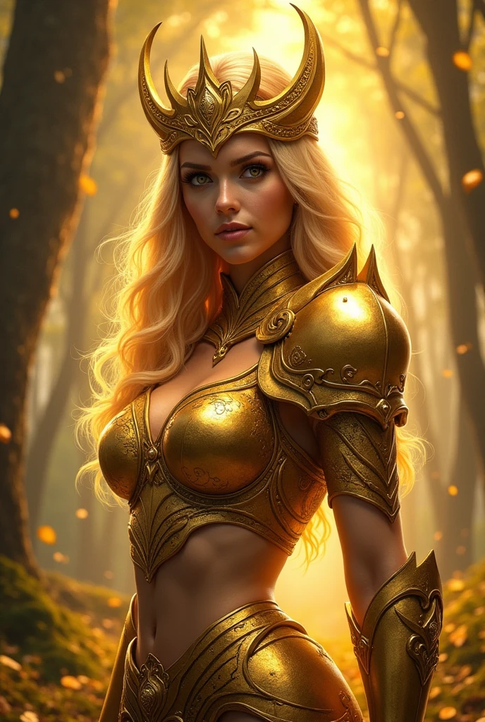 A beautiful gold dragon in human form, large breasts, wearing gold armor and short blue skirt, blonde hair and blue eyes with black eyeliner, in a haunted forest, alluring, 1girl, detailed face, intricate armor, highly detailed, 8k, in style of Frank Frazetta, dramatic lighting, volumetric fog, mystical atmosphere, cinematic composition, vibrant colors, dynamic pose