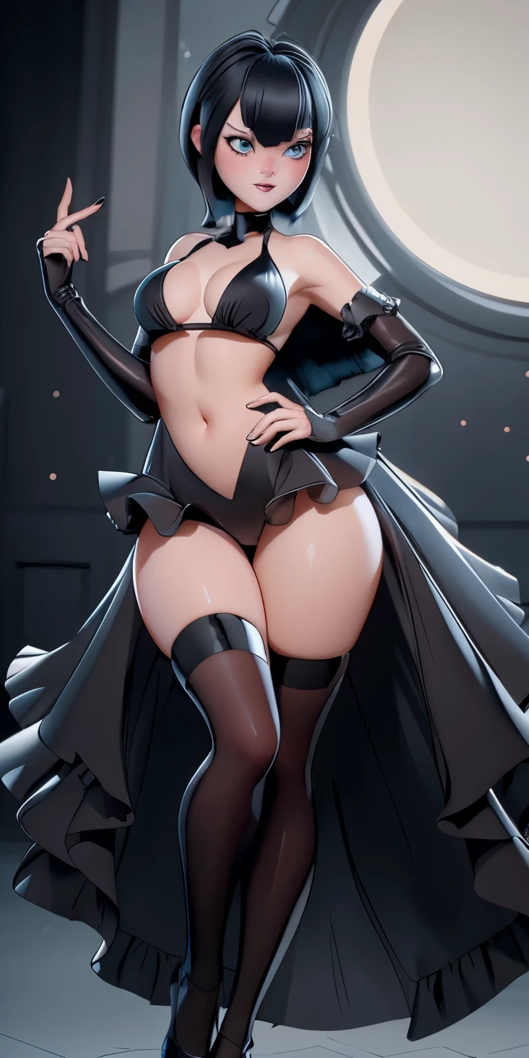 (best quality:1.4),(shiny skin), body focus, (cute face), (((best quality))), illustration, ((Beautiful Finger)), , Beautiful body, Beautiful character design, ,perfect lighting, Colorful, Bright_Front_face_Lighting, ultra high res, highres, absurdres:1.2, bokeh:1.2, lens flare, (vibrant_color:1.2), (thick thighs:1.1), THICK, Black hair with bangs, pale skin, large round blue eyes, black eyeliner, black lipstick, neutral expression, ruffled bikini