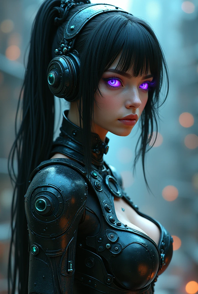Cyberpunk, all black, black lace tights, sultry, Edgy, short black skirt, long legs, black stiletto high heels, sexy pose. Create full body.