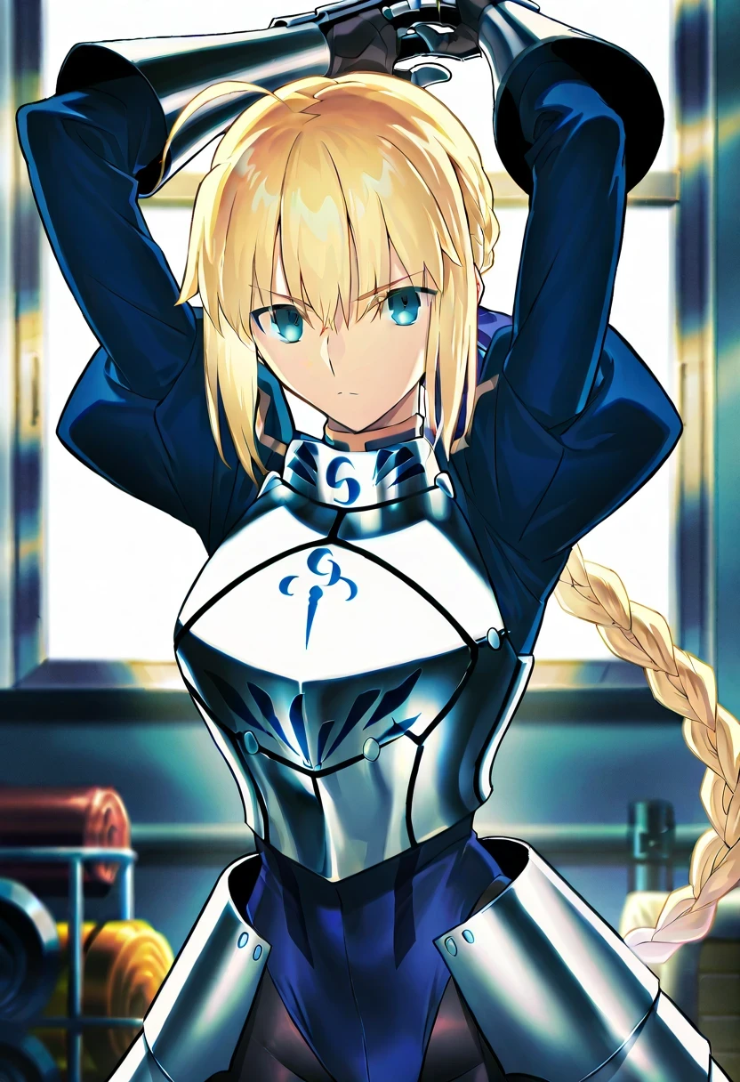 score 9 、score 8 up、score 7 up、source anime、masterpiece、 top quality 、 Great Quality、 high res、 very aesthetic、 absurd、up to date、scenery、1woman、  artoria pendragon (fate)、Saber (fate)、Alone、Blonde、 green eyes、braided ponytail、bangs、blue bow in hair、 、sidelorks hair、hairbun、single hairbun、braid、french braid、Big Breasts、 very big breasts 、 blue leotard 、armor、 black pantyhose、 gauntlet、armored leotard、breasts armor、leotard sleeve withan puffy sleeve、leotard crotch with an high leg、faulds、standing、 dark、night、storage room、inside、upper body、looking at viewer、shiny skin、masterpiece、 top quality 、 Great Quality、 high res、 very aesthetic、 absurd、up to date、scenery、