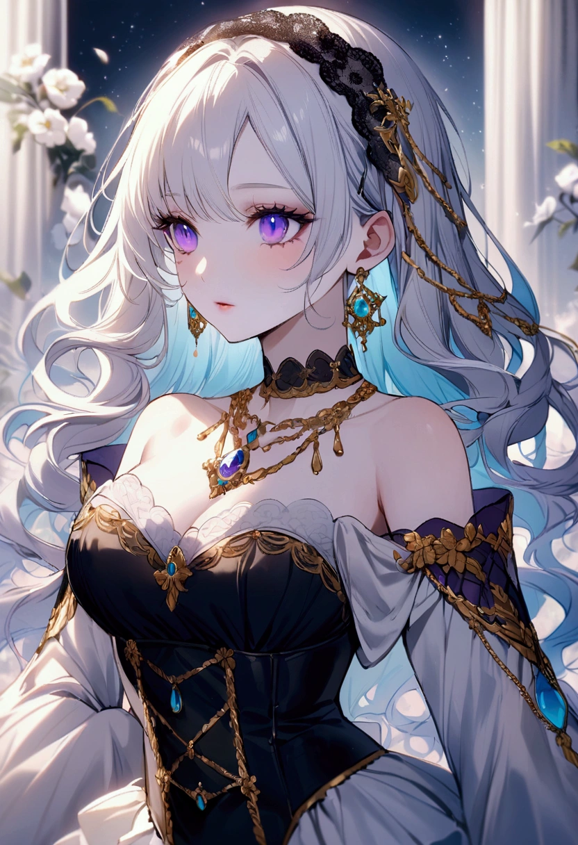 beautiful woman with long white hair, piercing purple eyes, intricate detailed portrait, delicate facial features, serene expression, soft skin, elegant posture, luxurious purple dress, cascade of white hair, shimmering highlights, dramatic lighting, cinematic composition, photorealistic, highly detailed, vibrant colors, masterpiece, digital painting