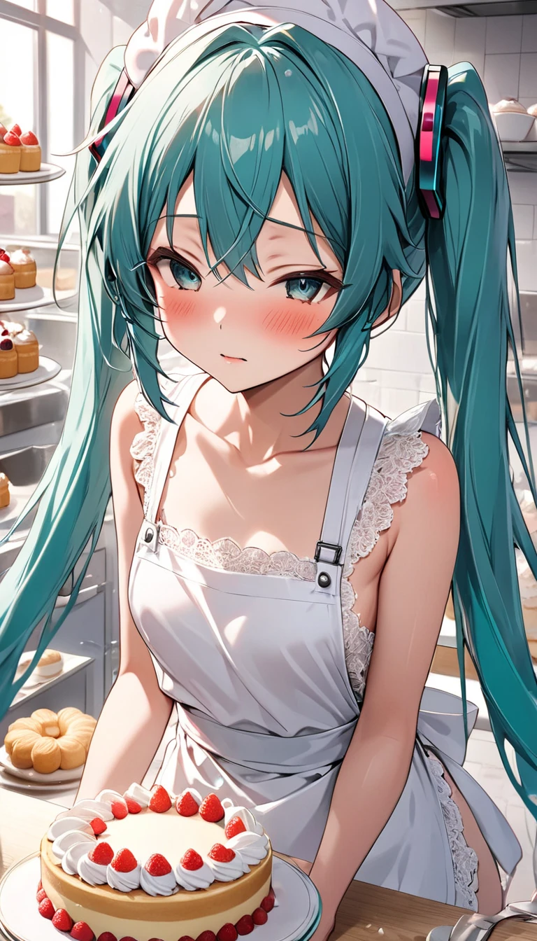 {evil smile},professional shot, cute young woman, slender body, medium round breasts, European face, ((turquoise hair)), white apron, black maid uniform, holding a tray with cake, standing near the bar counter, bakery background, Adobe Lightroom,{evil smile},
