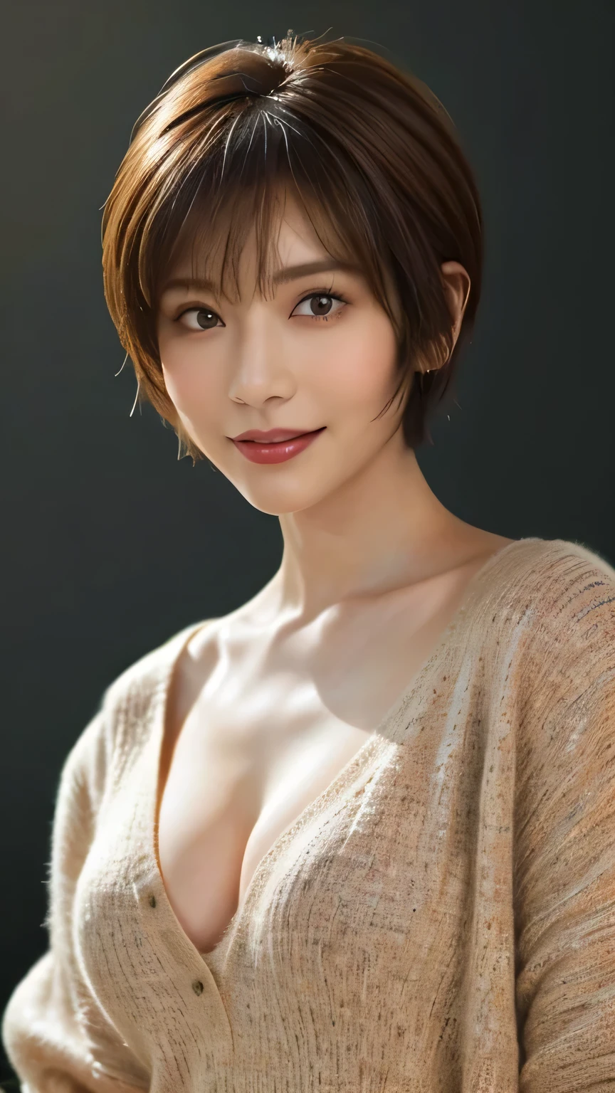 (8k、 Photorealistic :1.3、 Original photo、 top quality :1.2)、( super skinny body 、A woman with a thin, beautiful perfect figure :1.4)、(( cleavage))、Beautiful appearance、((Light brown hair 、 pixie cut 、Cecil Cut、 asymmetry、 disheveled super short hair:1.2))、 detailed eyes、 Beautiful details 、(Beautiful Makeup)（ Realistic Skin）、((V-neck light knit sweater、 Long Sleeve 、 orange 、 oversized)）、 charming、 fresh smile 、 super A high resolution、 super realistic、 high detail、(())、( professional cool writing:1.2)、(( simple dark wall background))、 standing、