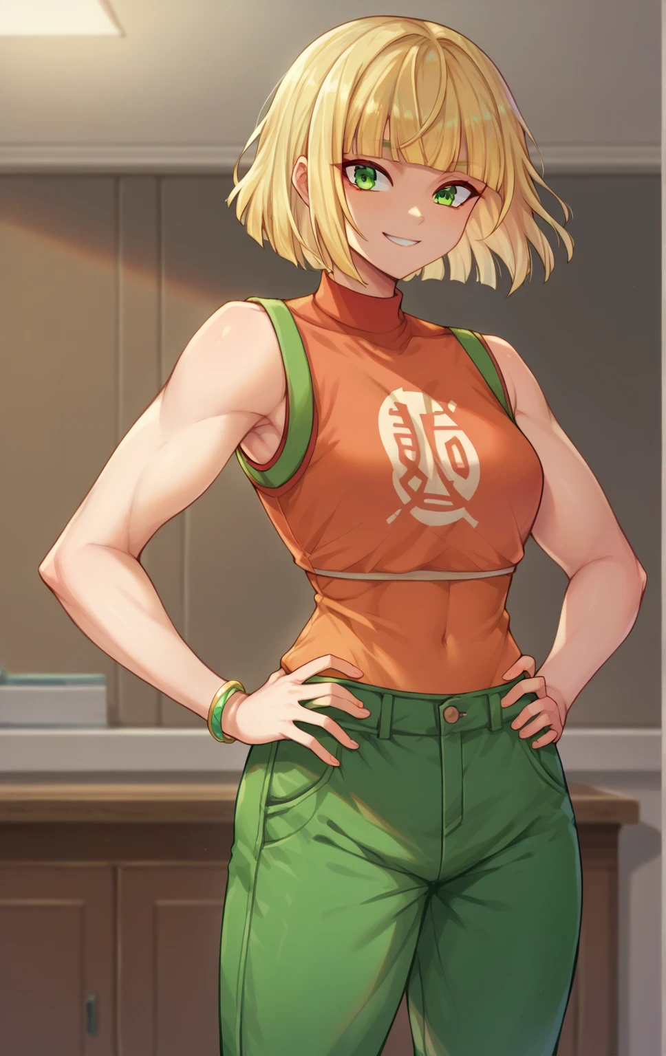 score_9,score_8_up,score_7_up BREAK MinMinSDXL,1girl,short hair,blonde hair,bracelet,green eyes,pants,blunt bangs,cowboy shot,room,room background, orange tanktop, green pants, crop top, sleeveless, smile, hands on hips 