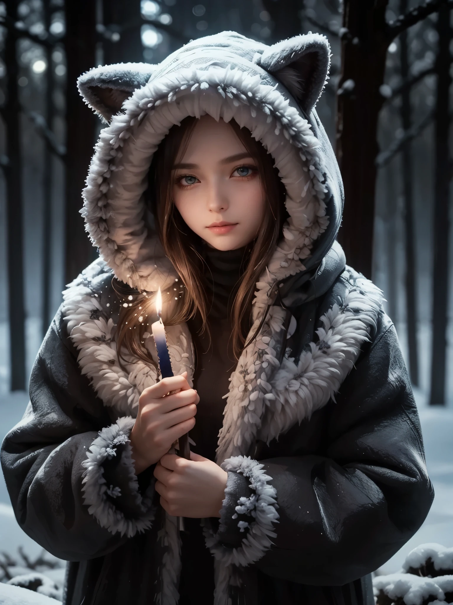 (best_quality, masterpiece:1.2), (highly detailed), (4k, 8k, uhd, high_resolution, highres), girl, fur coat, fur hoodie, detailed fur, hair, looking at viewer, turtleneck sweater, quality, highly detailed, masterpiece, high resolution, top-quality, surreal, highest quality, dry ice haze, secret god, ginkgo forest, dark gradients, movie lighting, sophisticated lighting, (intricate ice sculpture), sharp focus, illuminated by candles, soft glow, vibrant sparks, fireworks, flickering warm light, snowy ground, trees, dark atmosphere, fleeting light, flowers, vines, fantasy, enchanting, photorealistic, dark fantasy concept art,