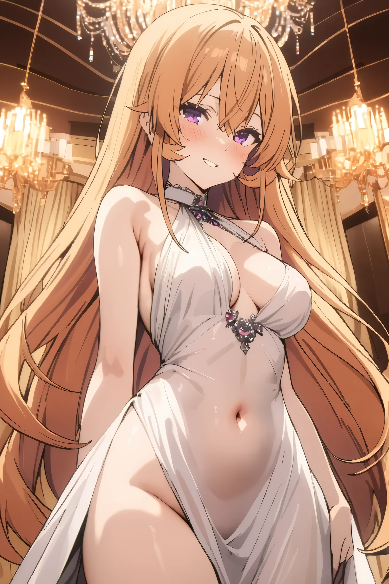 NSFW,masterpiece, top quality , high res, very detailed,Elina Nakiri 、 long hair、 orange hair、 purple eyes、 hair between eyes ,Young lady,fine silk dress,Luxurious mansion, party venue, chandelier,Elegant smile