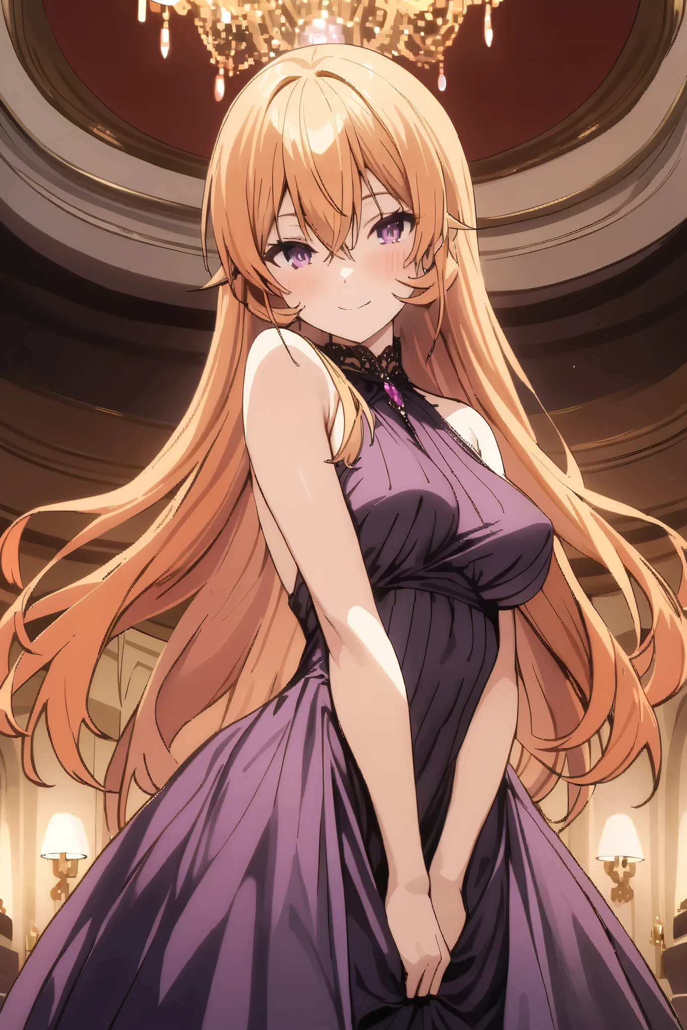 NSFW,masterpiece, top quality , high res, very detailed,Elina Nakiri 、 long hair、 orange hair、 purple eyes、 hair between eyes ,Young lady,fine silk dress,Luxurious mansion, party venue, chandelier,Elegant smile