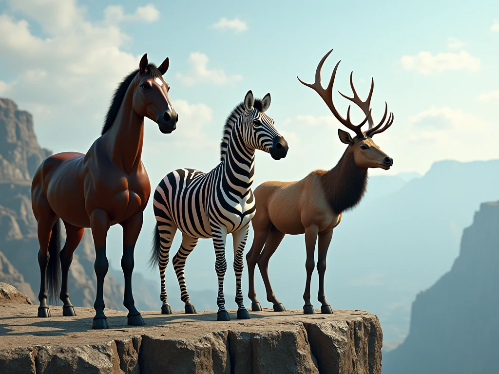 (photorealistic),( Thoroughbred 、 zebra、 elk 　The three heads of 　 stand side by side on the edge of a cliff with a good view　 looking up at the sky ）、 beautiful background、