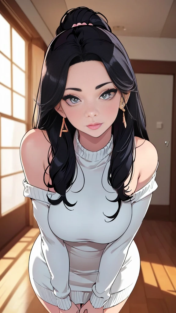 girl in winter clothes, long sweater, jeans, pantyhose or long stockings, making as if she wants to kiss you, (girl bending down looking at the camera), medium breasts, cleavage, random background, flirtatious look, ((very detailed)), (perfectly detailed face), (well detailed hand) photorealistic image.