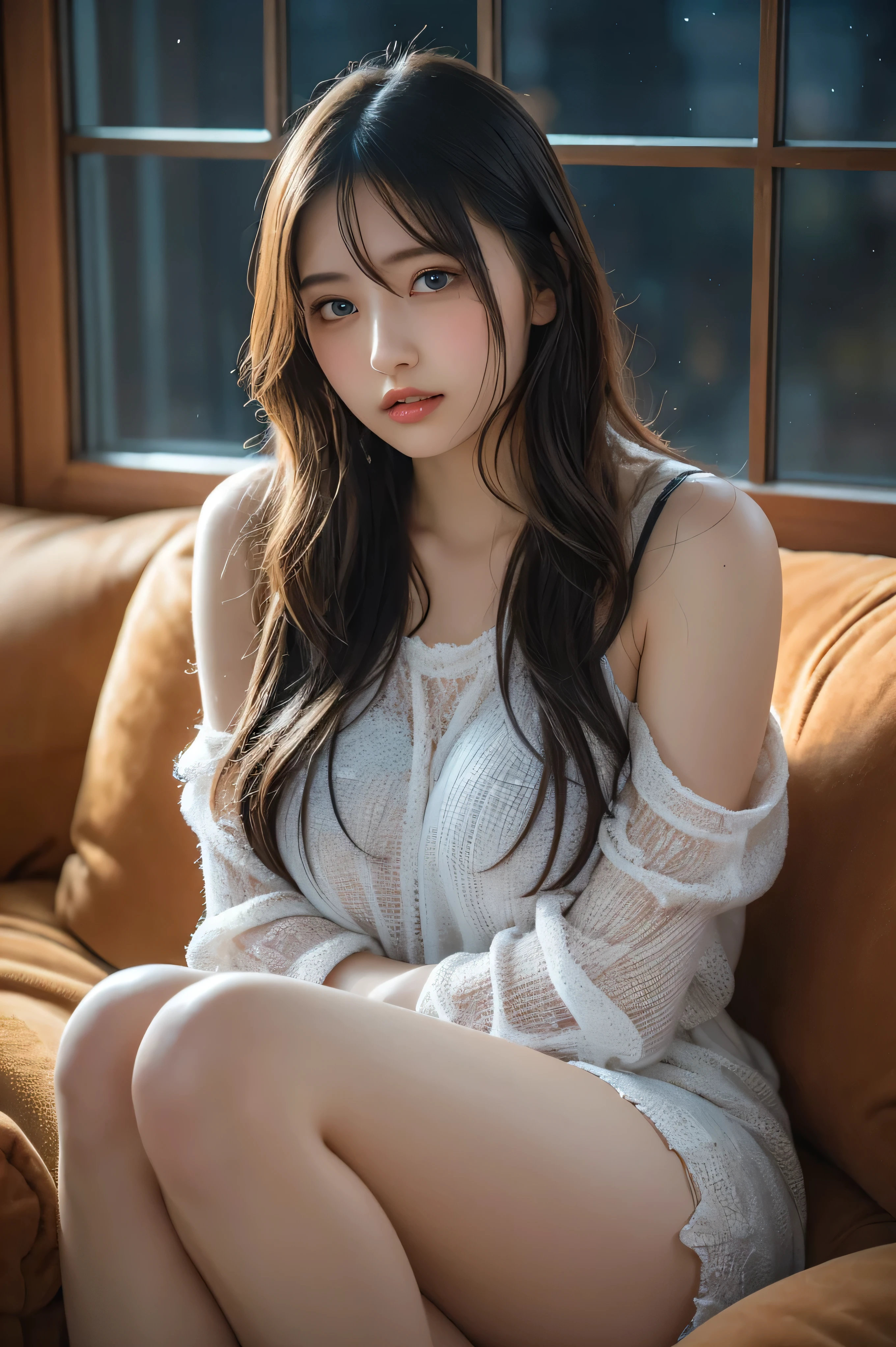 Arafed asian woman sitting on a couch in a white dress - SeaArt AI