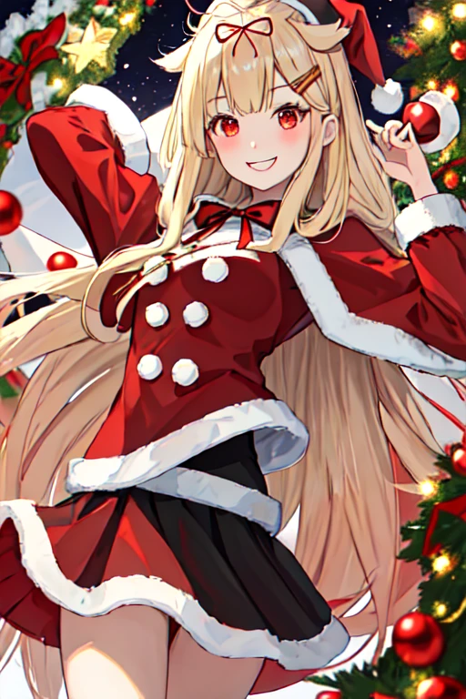  top quality , masterpiece,  high res, Alone, ,Santa hat,, mini skirt Santa , {yuudachi_kantaicollection:1.15}, length_hair,  blondes_hair, ribbon, hair_ribbon, hair_flap, hair_ Ornaments , red_eye, hairclip, black_ribbon, smile, ,  chest