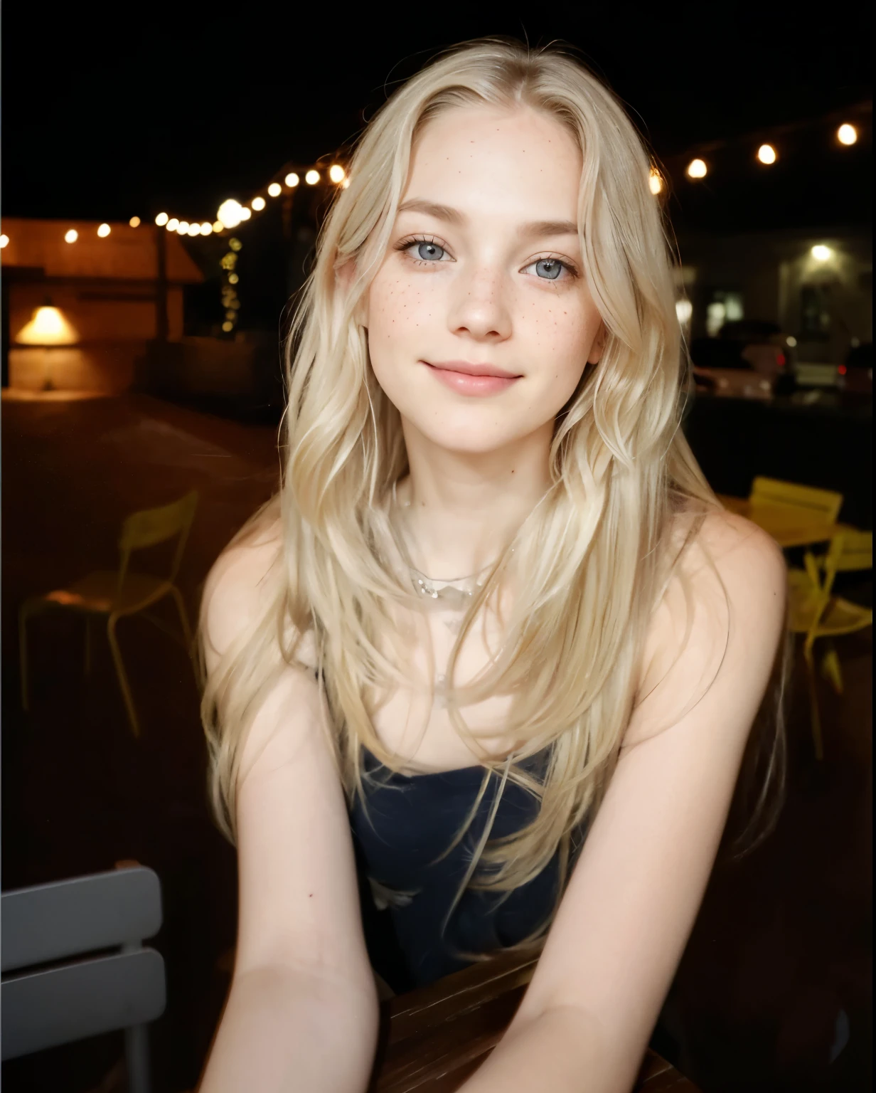woman, Americana, Age 30, pale skin and freckles , gray eyes, delicate nose, soft and delicate lips, , blondie and wavy waist length hair, sweet smile, Face with delicate feminine facial features, highly rendered
