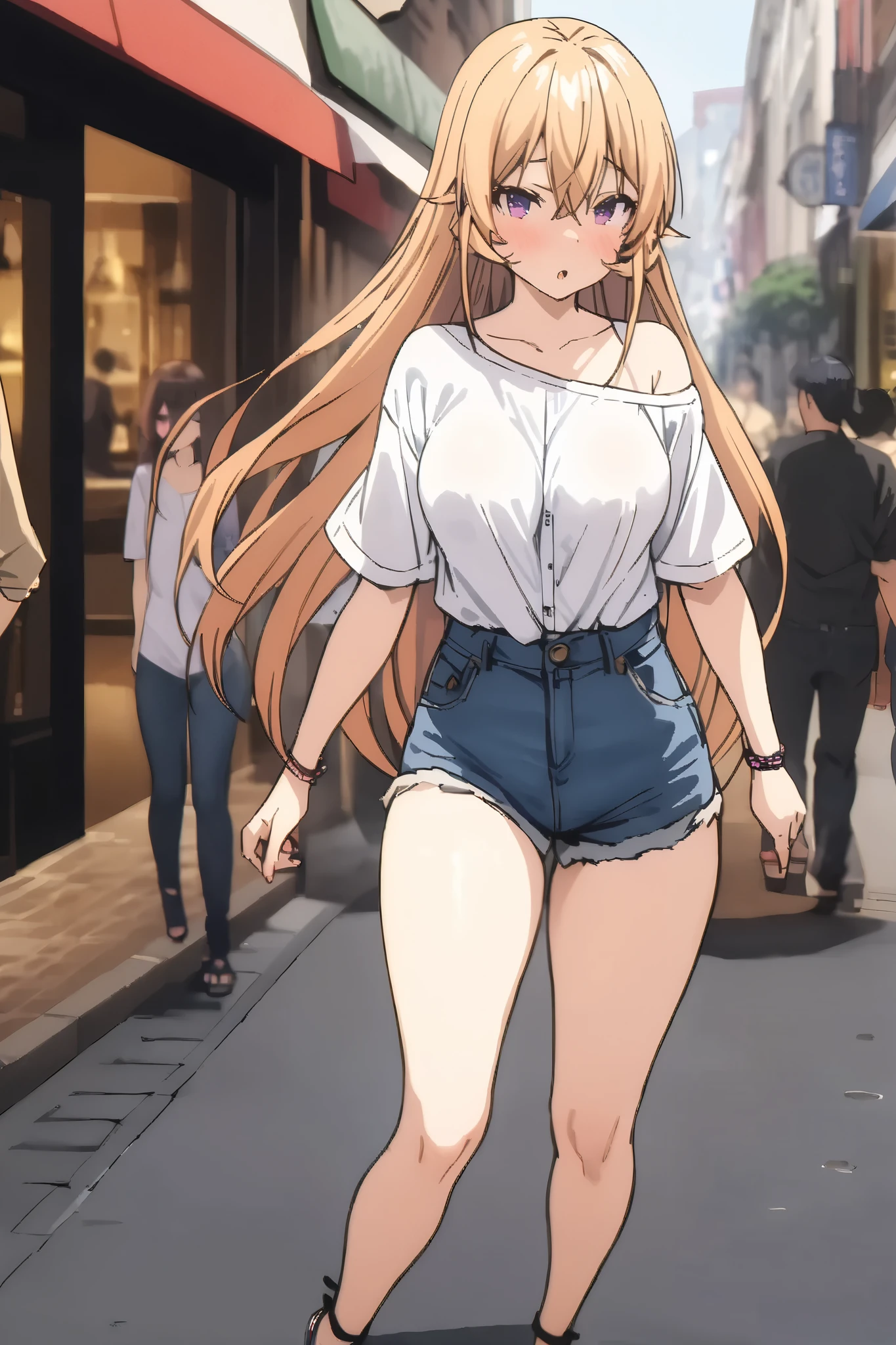 NSFW,masterpiece, top quality , high res, very detailed,Elina Nakiri 、 long hair、 orange hair、 purple eyes、 hair between eyes , dressed casually, off shoulder shirt, denim shorts,Sandals Heels ,bustling street,Date