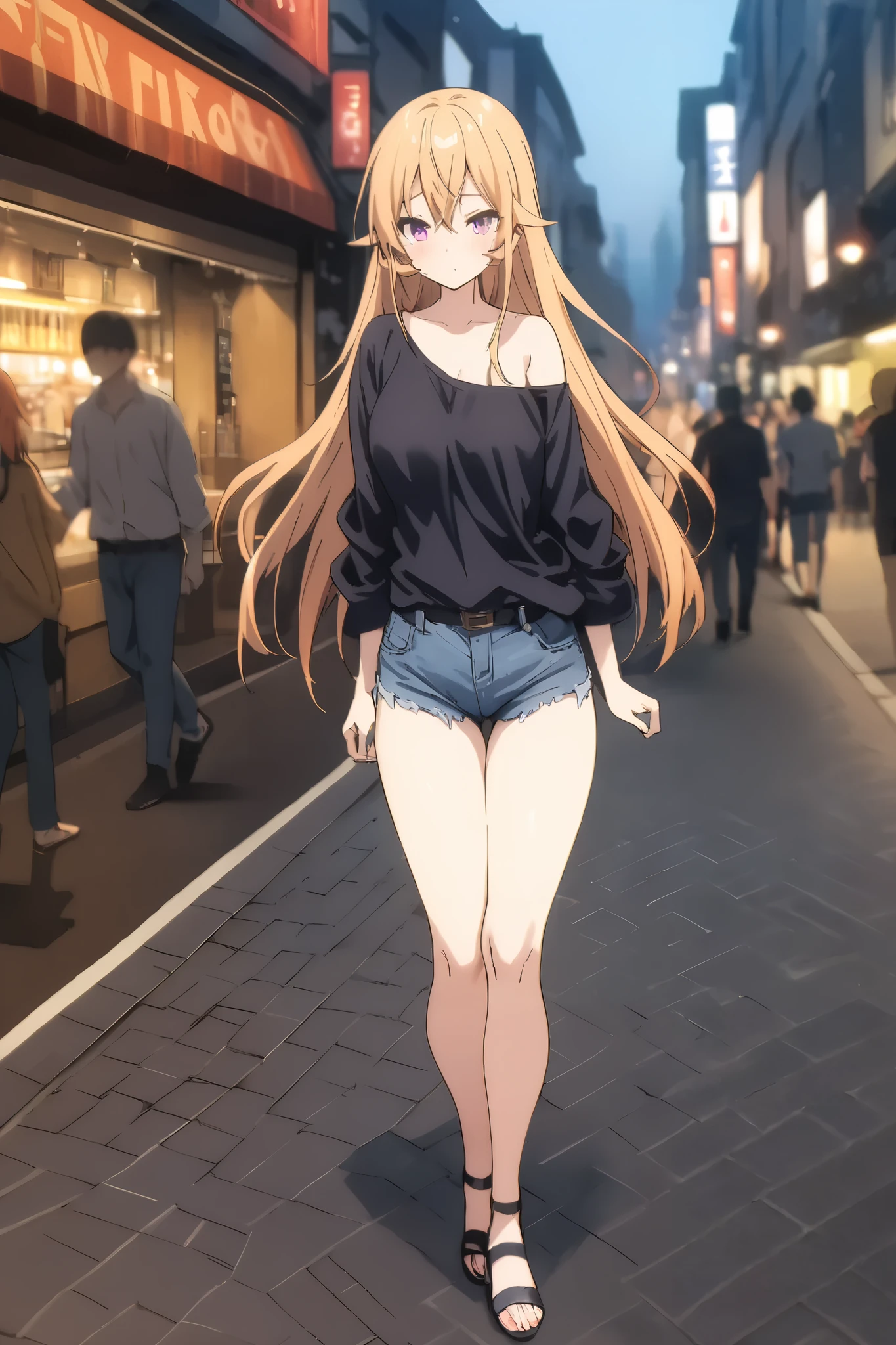 NSFW,masterpiece, top quality , high res, very detailed,Elina Nakiri 、 long hair、 orange hair、 purple eyes、 hair between eyes , dressed casually, off shoulder shirt, denim shorts,Sandals Heels ,bustling street,Date