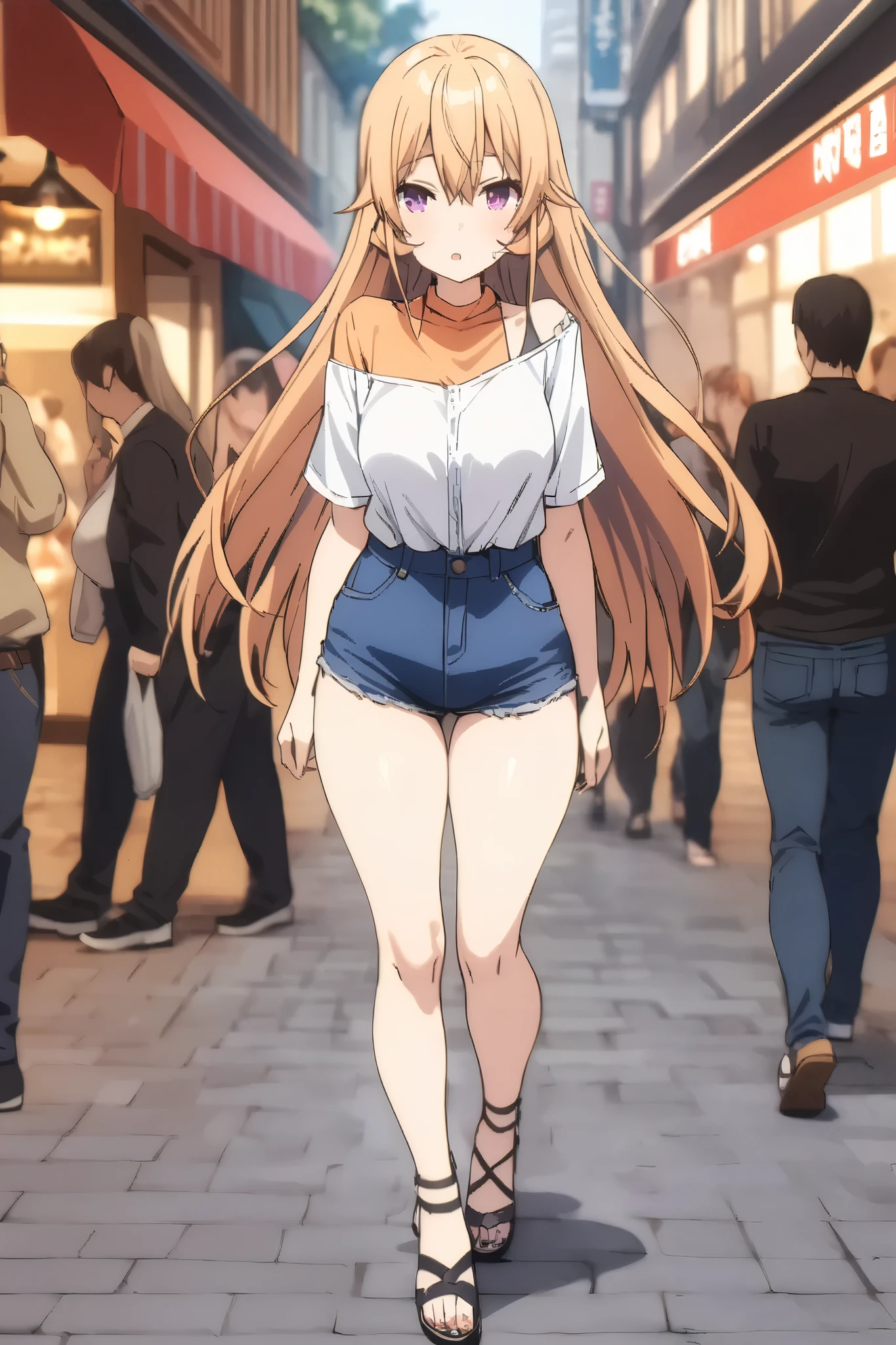 NSFW,masterpiece, top quality , high res, very detailed,Elina Nakiri 、 long hair、 orange hair、 purple eyes、 hair between eyes , dressed casually, off shoulder shirt, denim shorts,Sandals Heels ,bustling street,Date