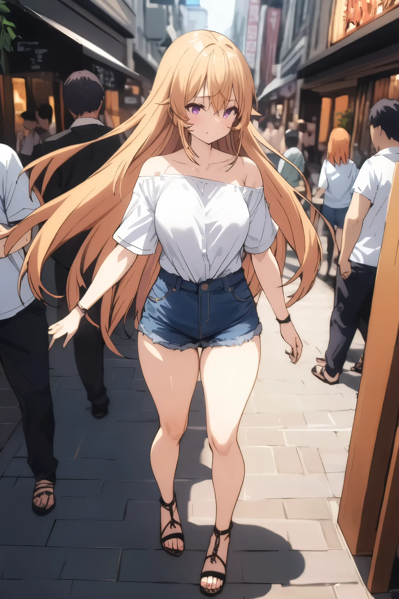 NSFW,masterpiece, top quality , high res, very detailed,Elina Nakiri 、 long hair、 orange hair、 purple eyes、 hair between eyes , dressed casually, off shoulder shirt, denim shorts,Sandals Heels ,bustling street,Date