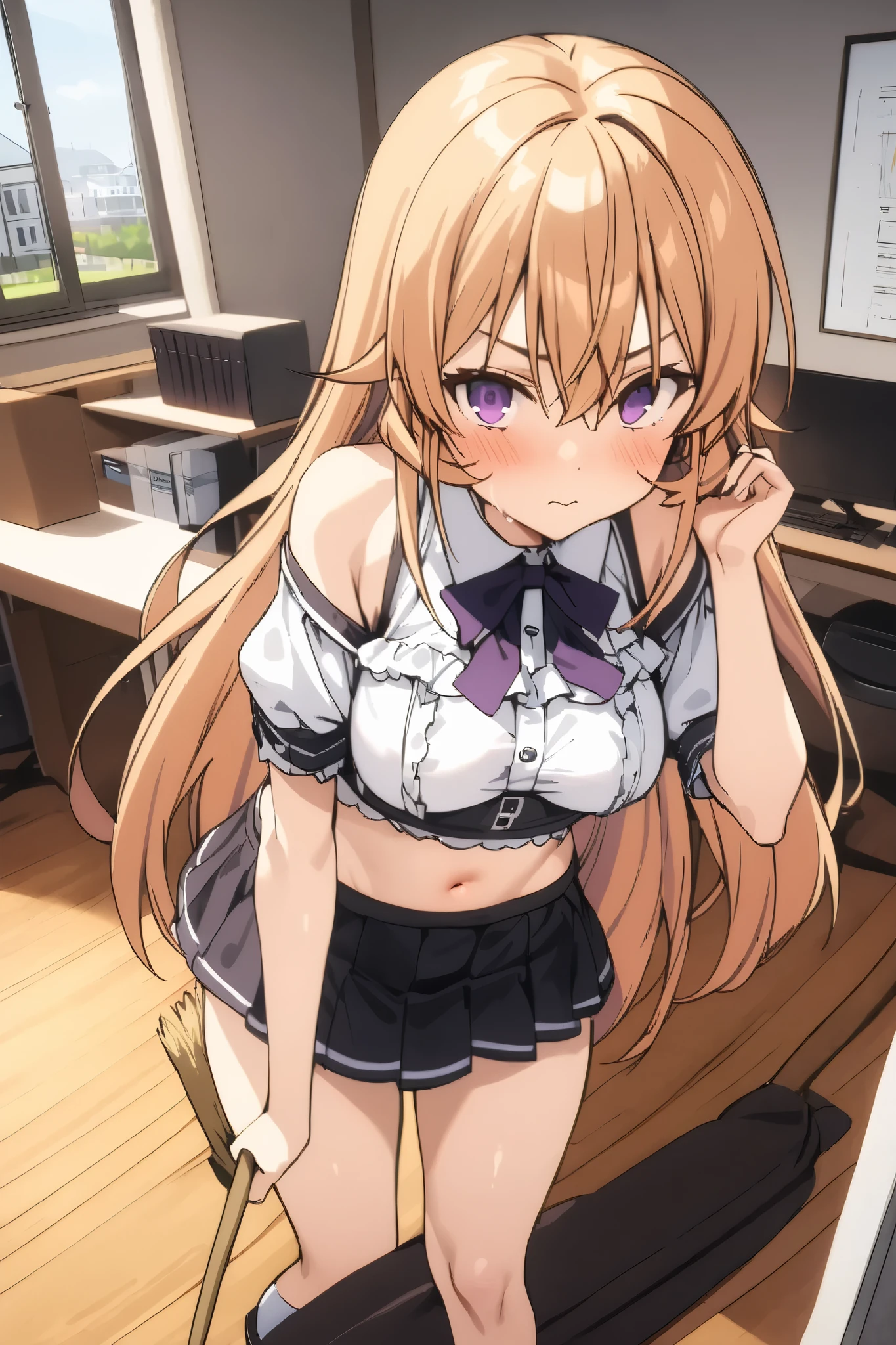 NSFW,masterpiece, top quality , high res, very detailed,Elina Nakiri 、 long hair、 orange hair、 purple eyes、 hair between eyes , maid clothes, Off Shoulder, crop top, micro mini skirt,Mansion,Office,broom